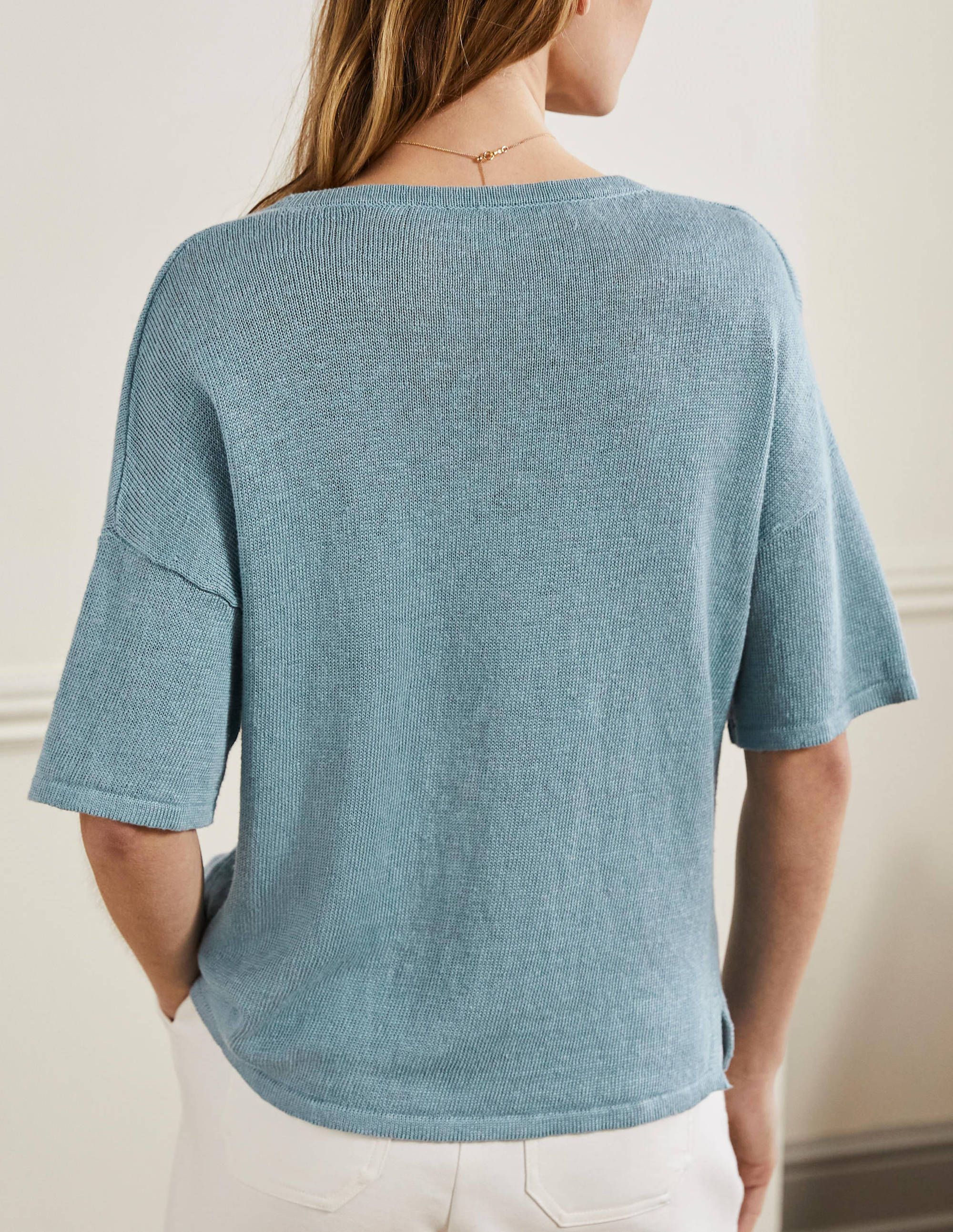 Leinen-T-Shirt mit V-Ausschnitt-Ritterspornblau - Image 3
