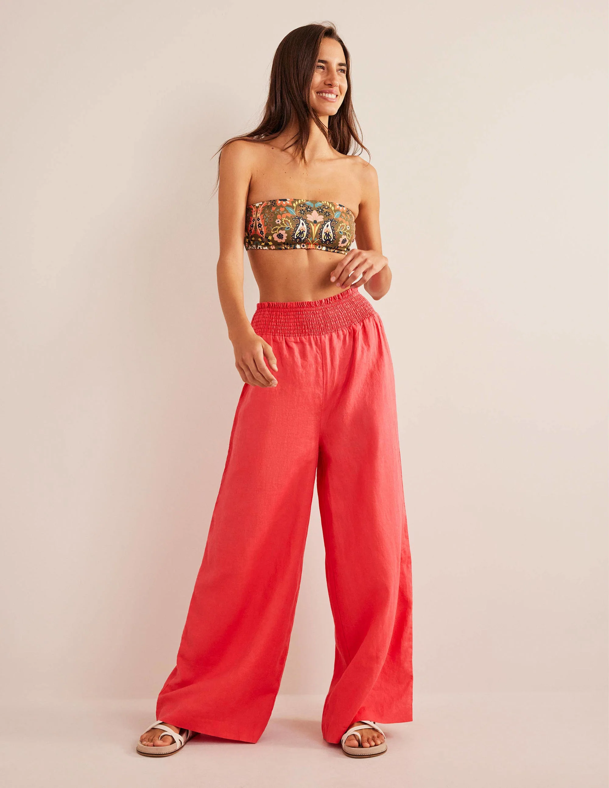 Leinenhose mit geraffter Taille-Korallenrot