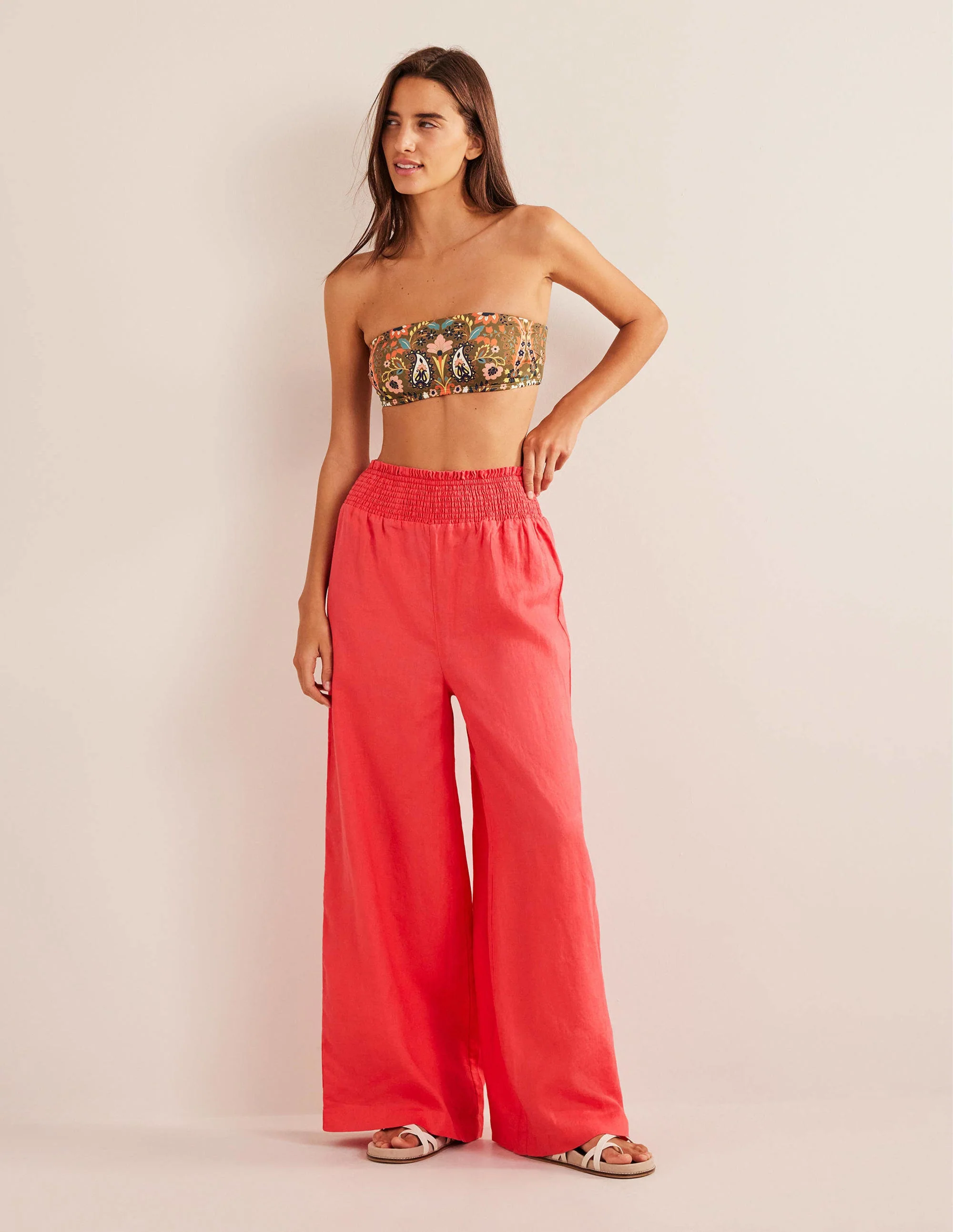 Leinenhose mit geraffter Taille-Korallenrot - Image 5