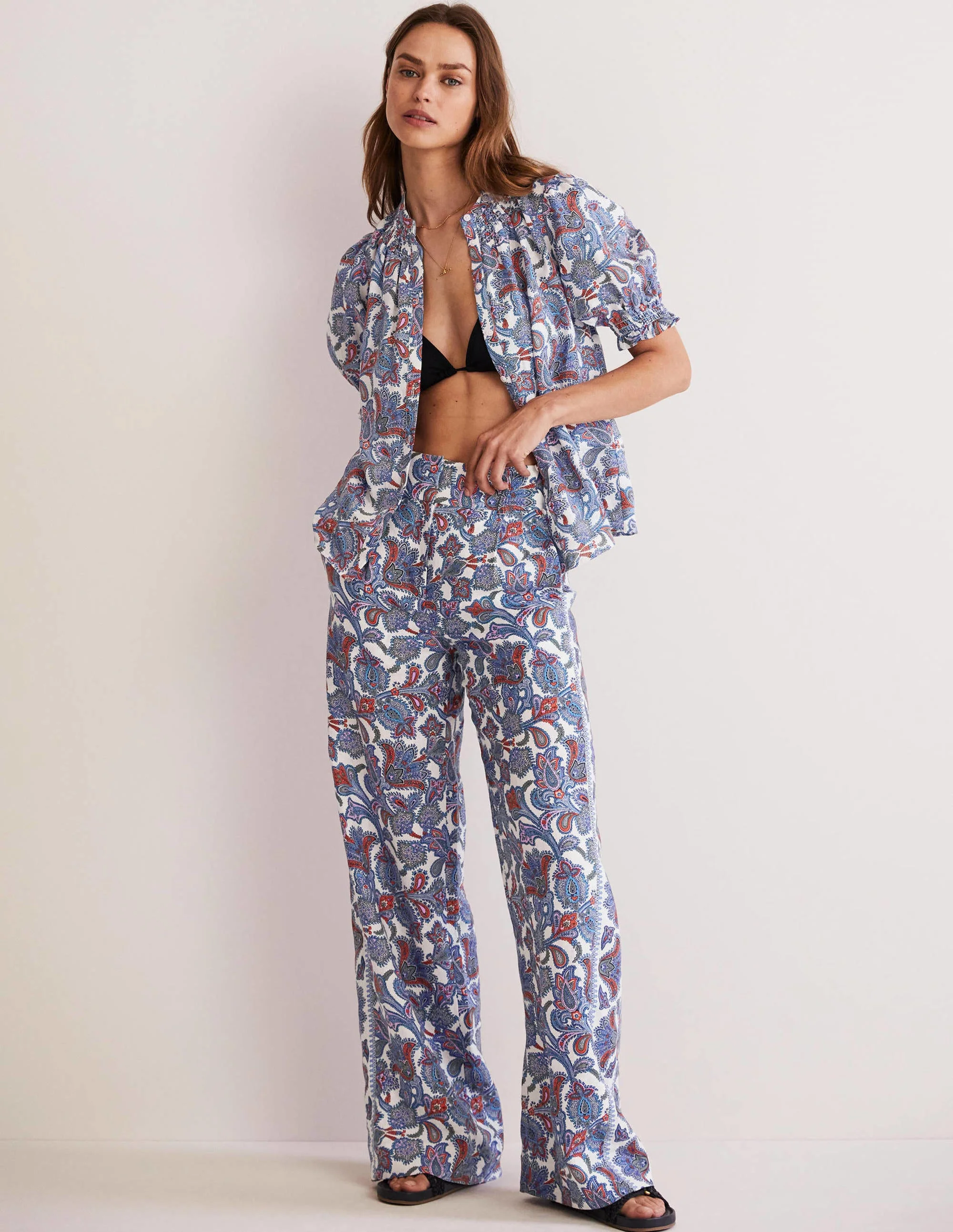Leinenhose mit weitem Bein-Bunt, Paisley-Knospen