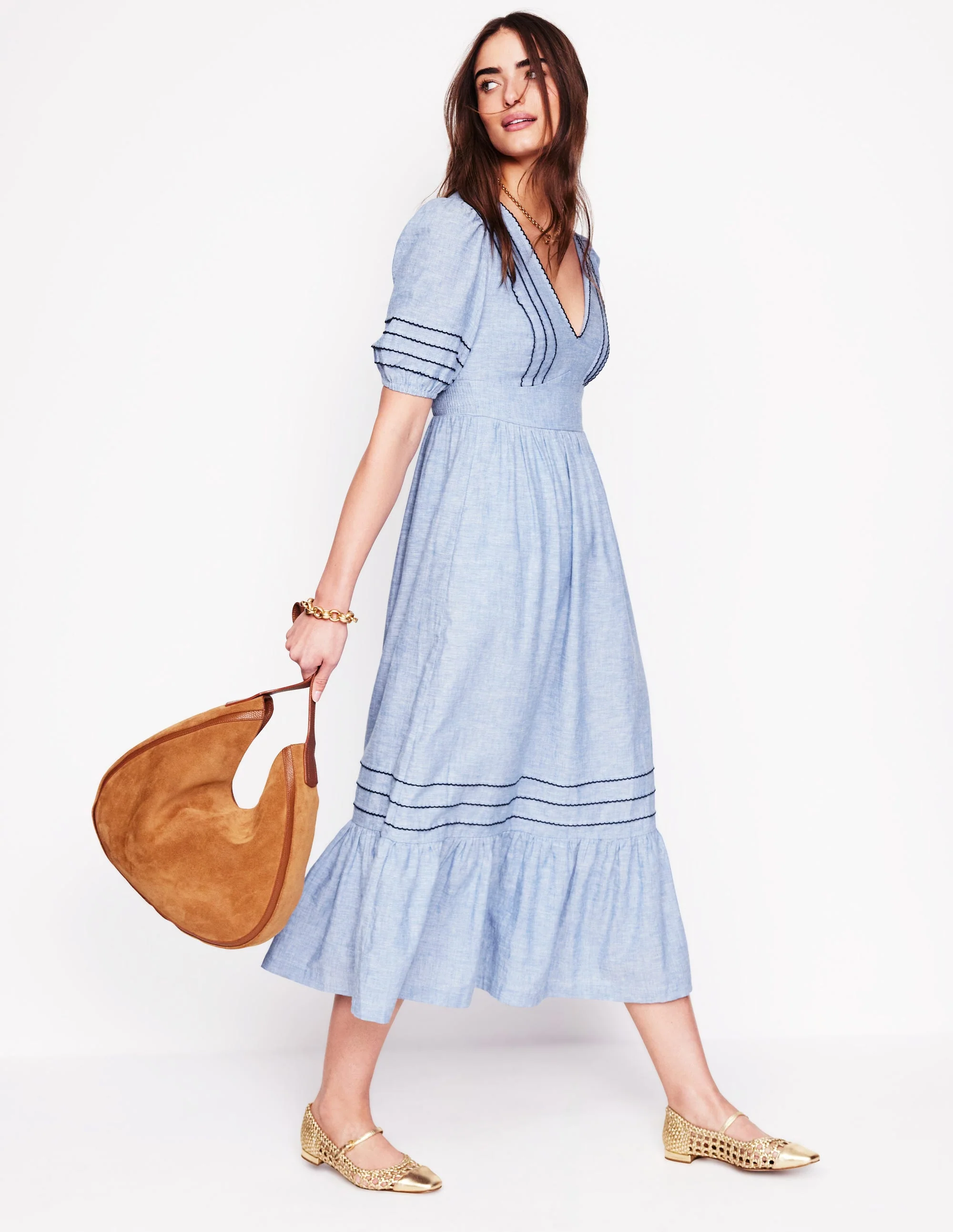 Leinenkleid mit gesmokter Taille-Graublau Chambray - Image 4