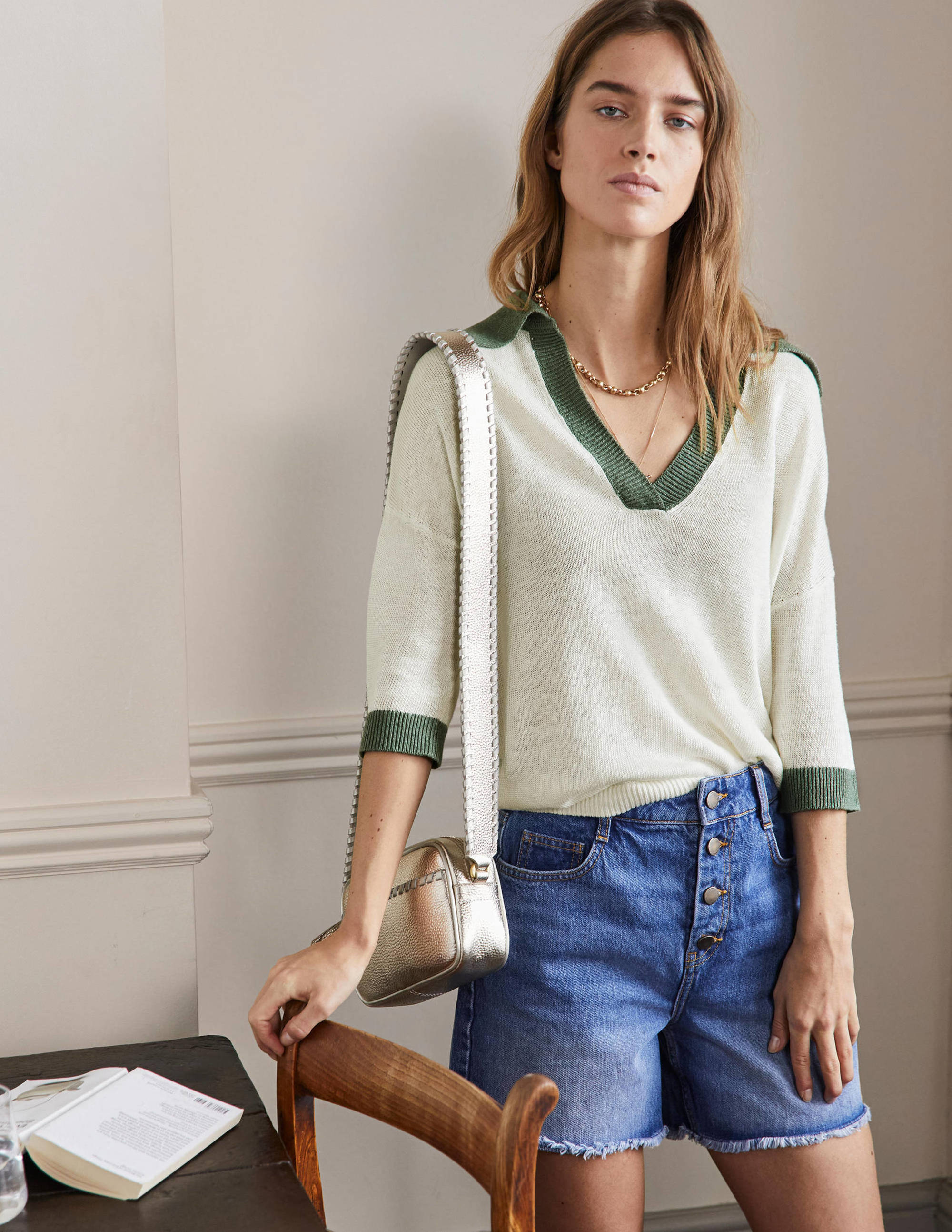 Leinenpullover mit Kragen-Naturweiß/Erlengrün