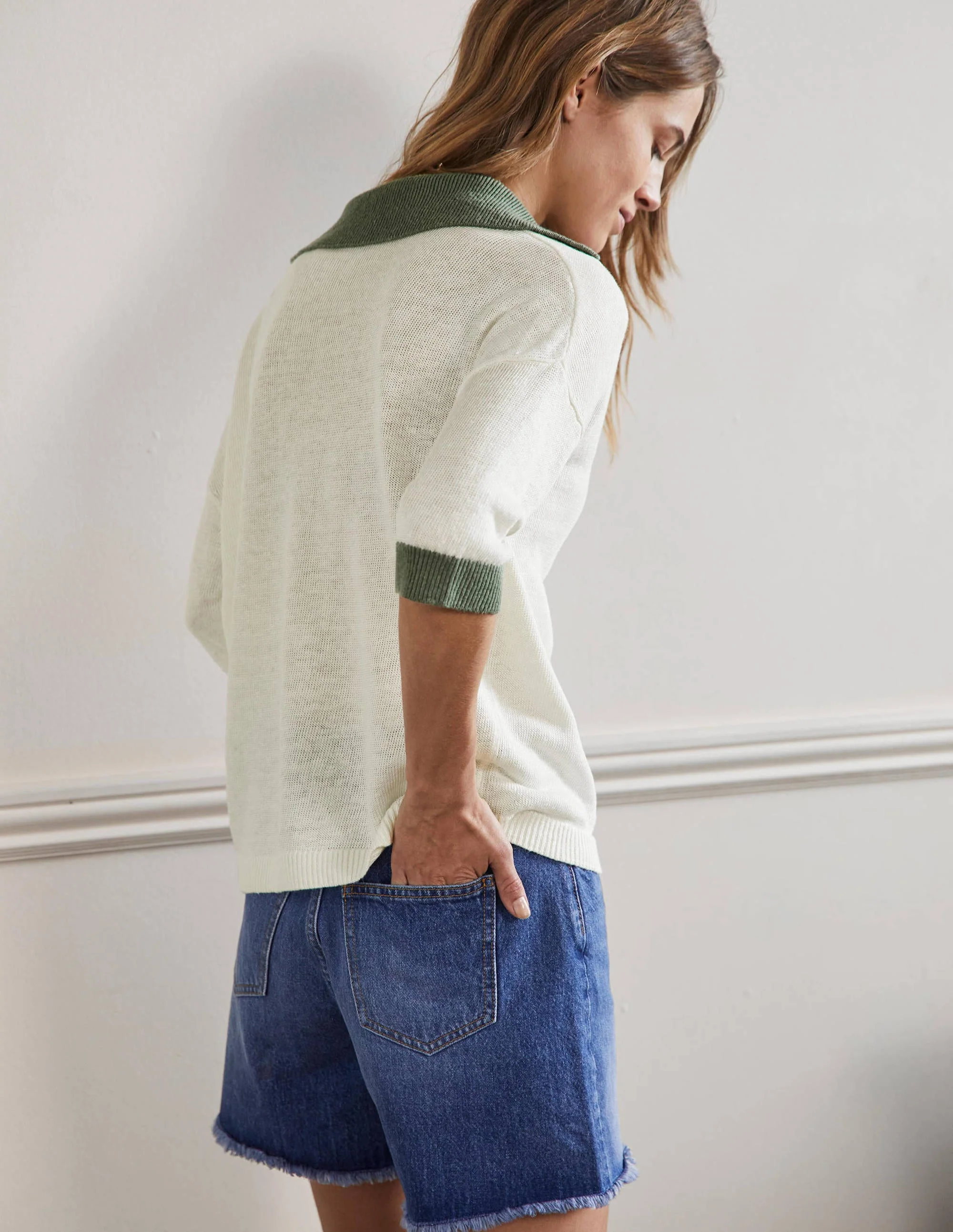 Leinenpullover mit Kragen-Naturweiß/Erlengrün - Image 3
