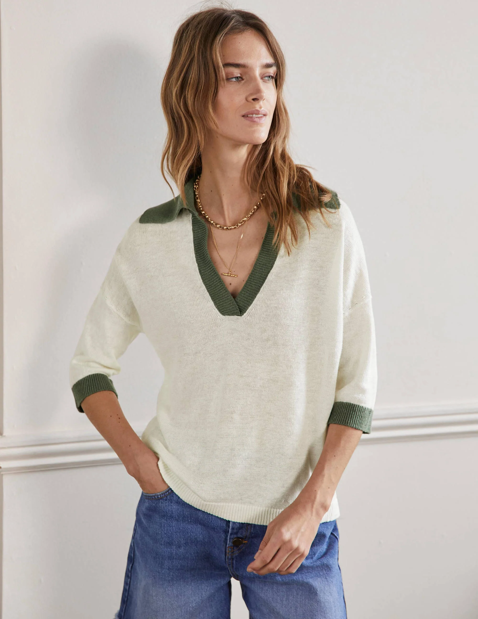 Leinenpullover mit Kragen-Naturweiß/Erlengrün - Image 4