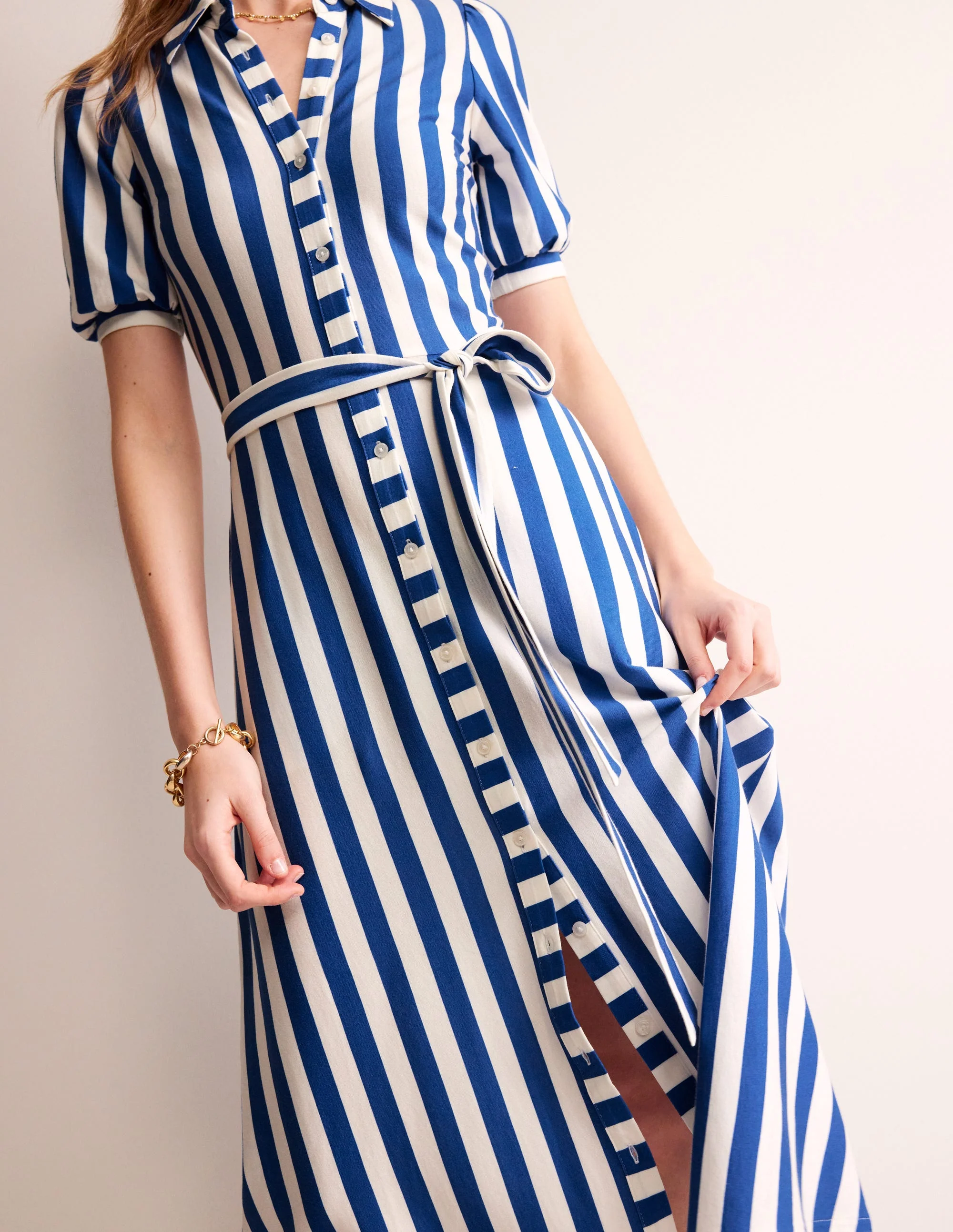 Libby Midi-Hemdblusenkleid aus Jersey-Blau, Naturweiß Streifen - Image 2