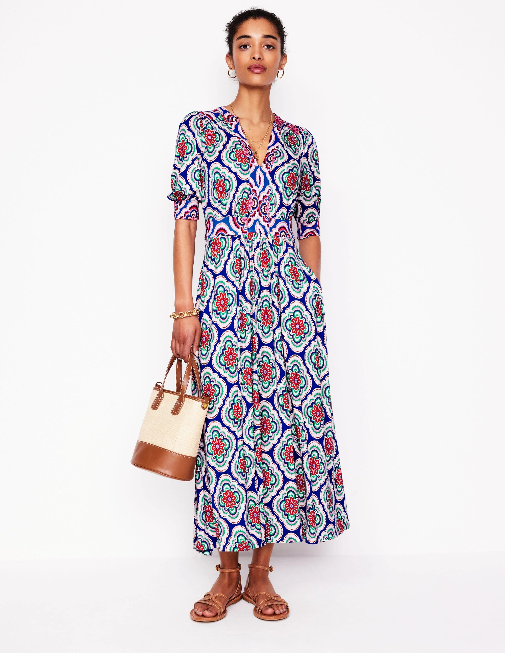 Lily Midi-Teekleid aus Jersey-Leuchtendes Blau, Botanic Blush-Motiv