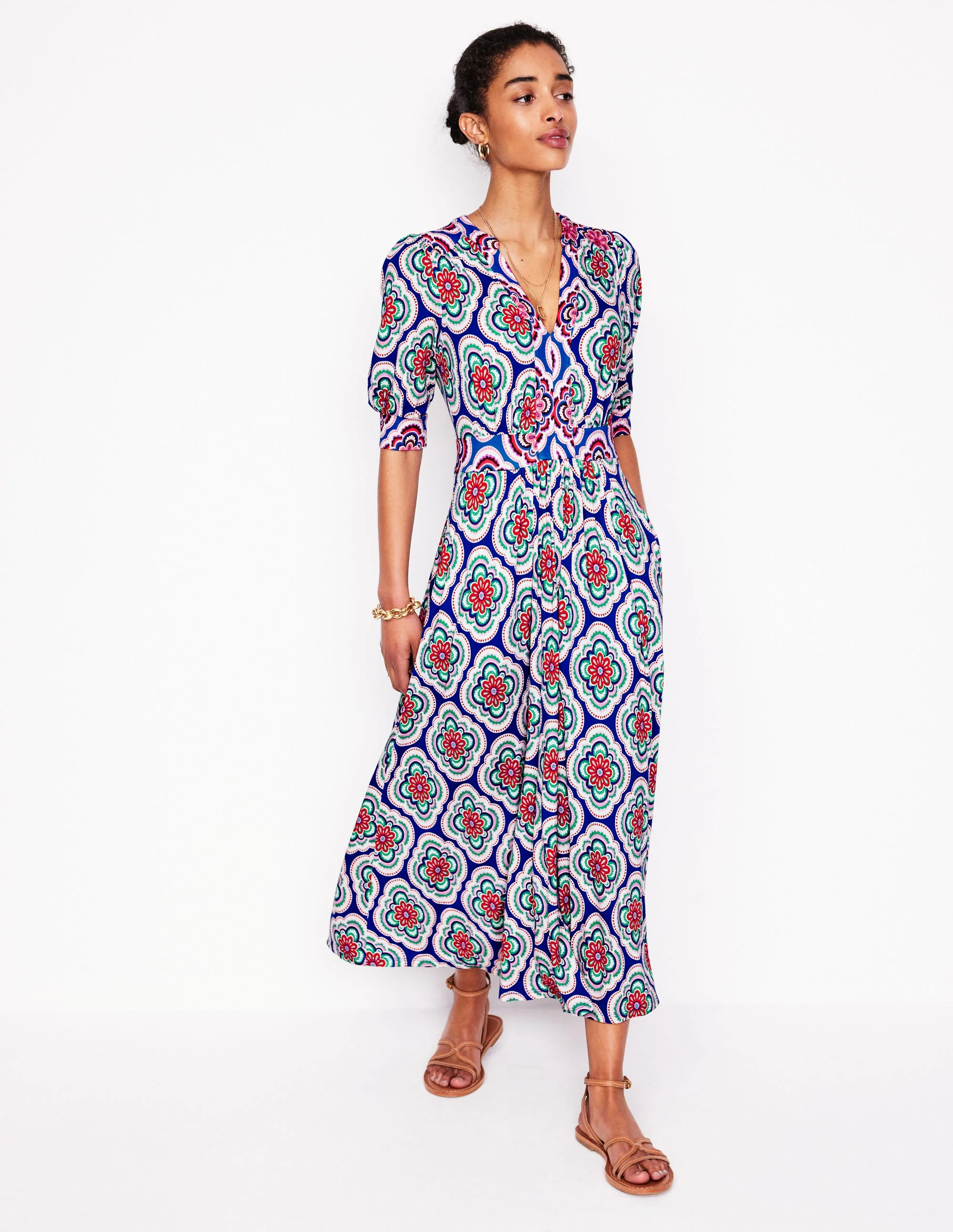 Lily Midi-Teekleid aus Jersey-Leuchtendes Blau, Botanic Blush-Motiv - Image 4