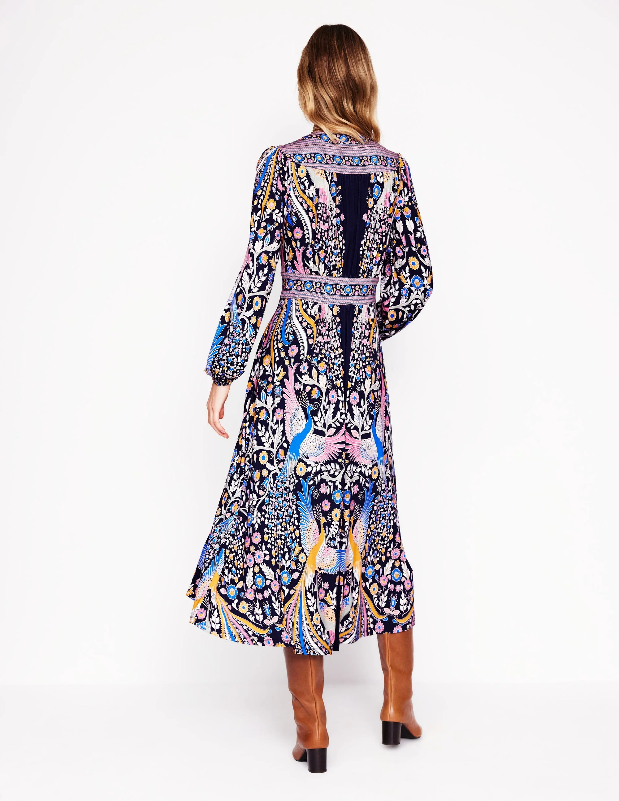 Lily Midikleid mit langen Ärmeln-Französisches Marineblau, Bezaubernder Pfau - Image 4