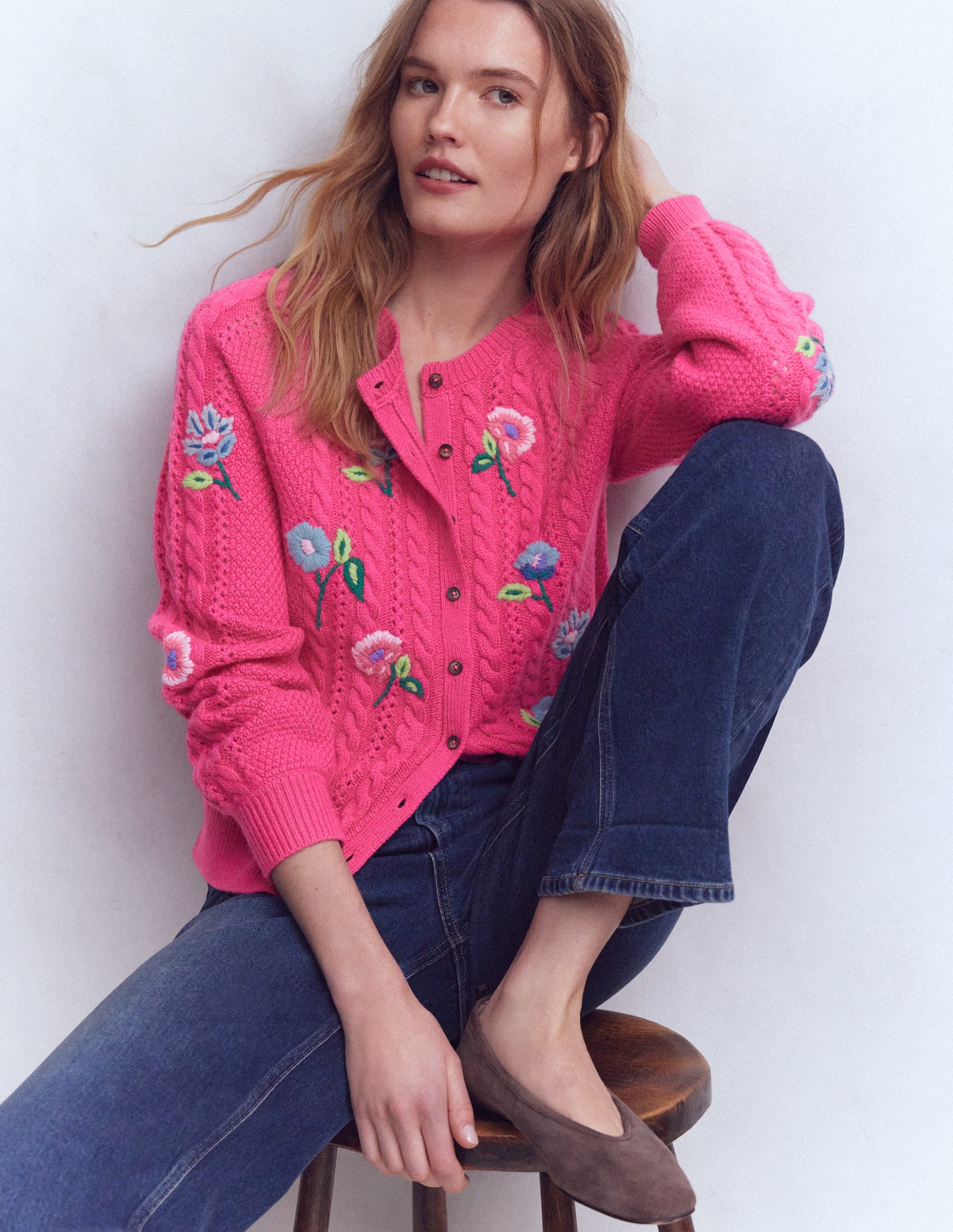 Liv Bestickte Strickjacke mit Zopfmuster-Rosarot