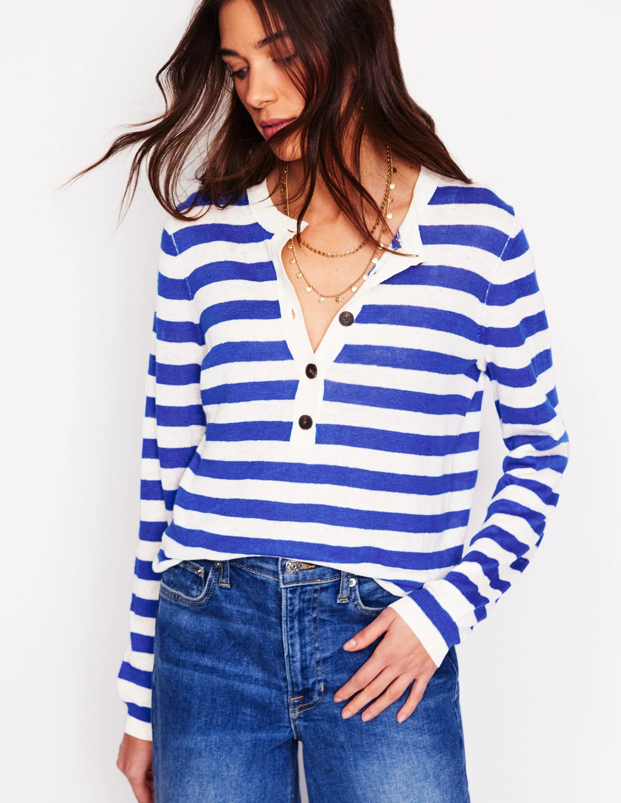 Liv Henley-Pullover aus Leinen-Leuchtendes Blau und Naturweiß Streifen - Image 2