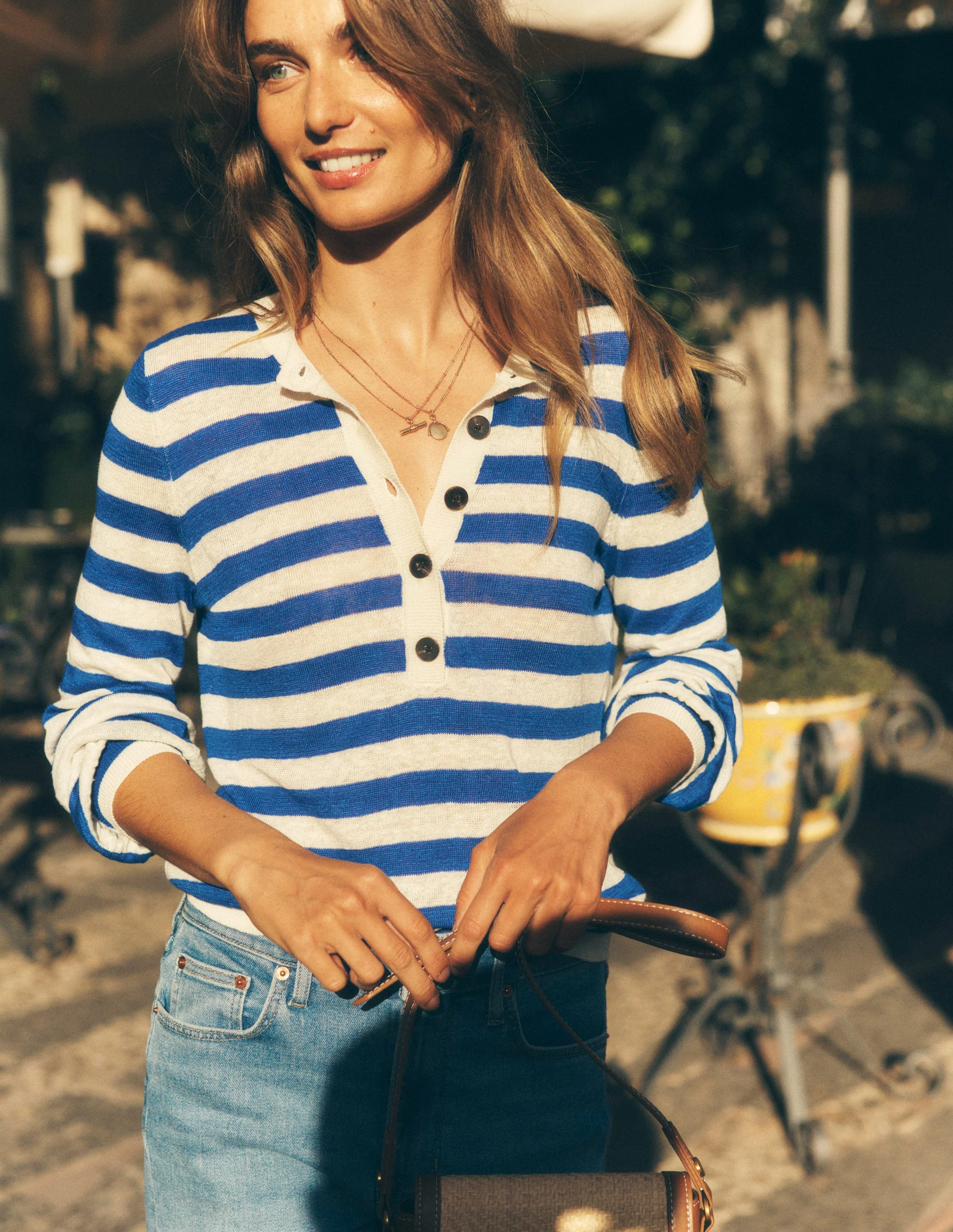 Liv Henley-Pullover aus Leinen-Leuchtendes Blau und Naturweiß Streifen - Image 8