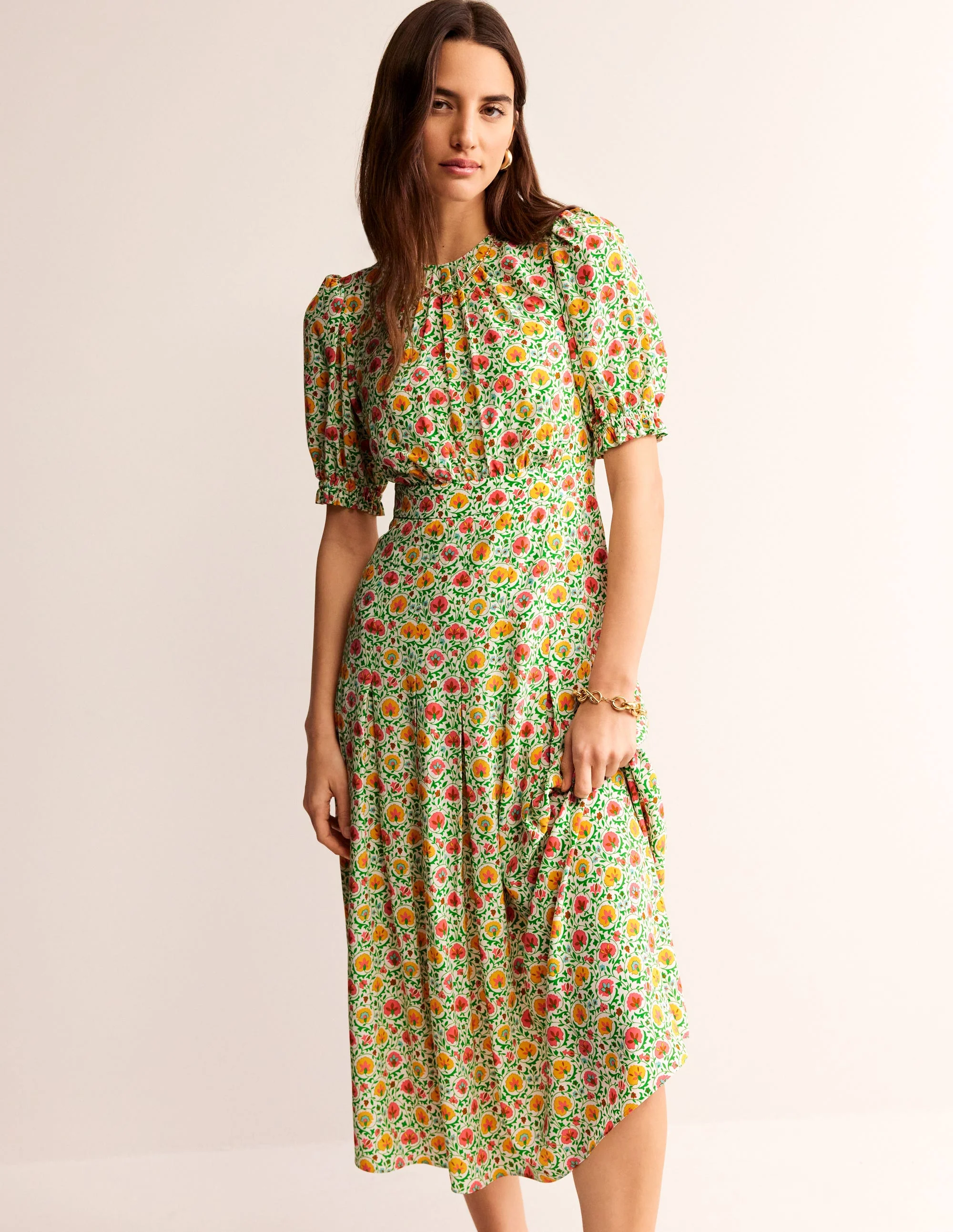 Liv Midikleid mit Faltendetails-Sattes Grün, Blüte