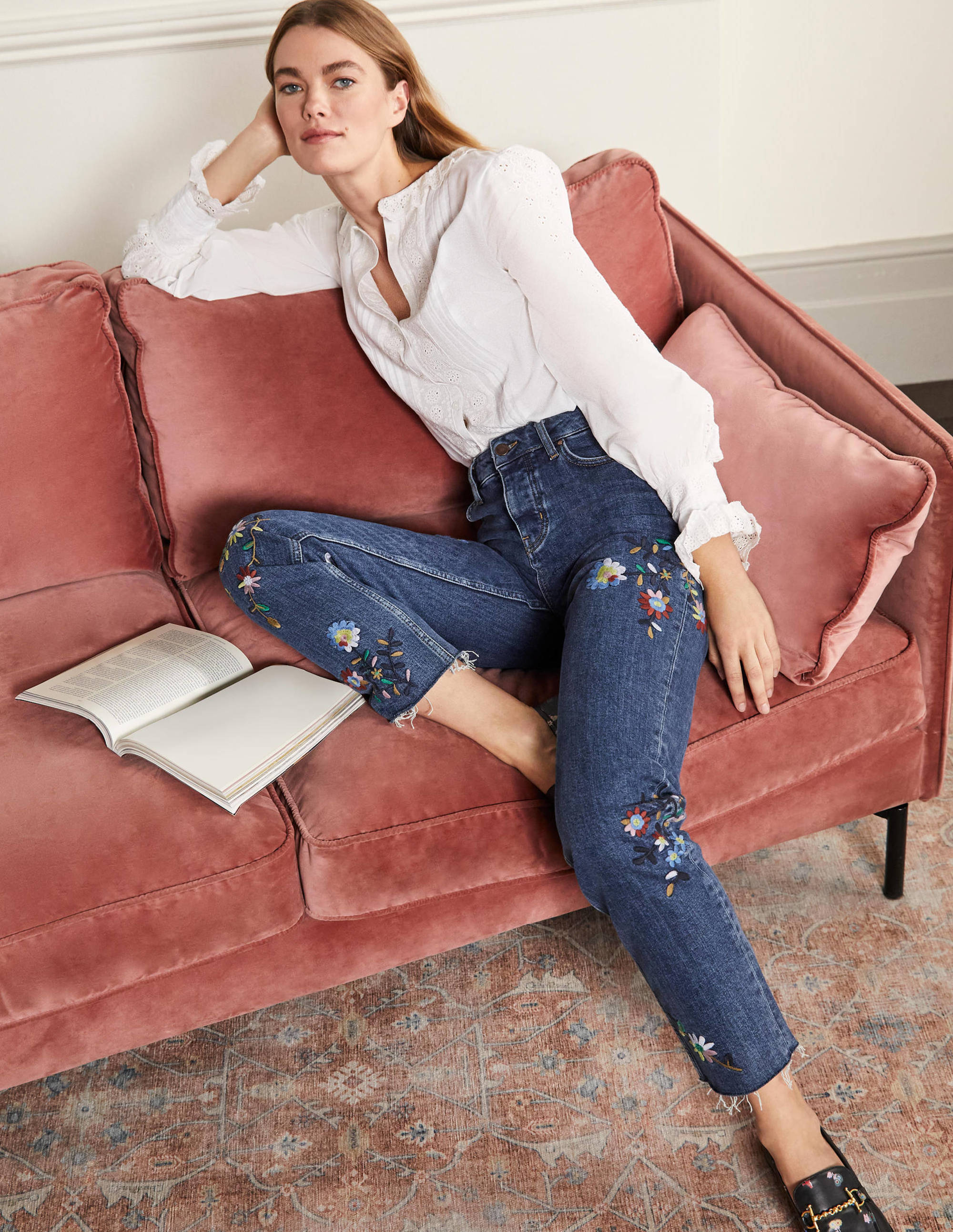 Lockere Jeans mit geradem Bein-Mittleres Vintageblau, Stickerei