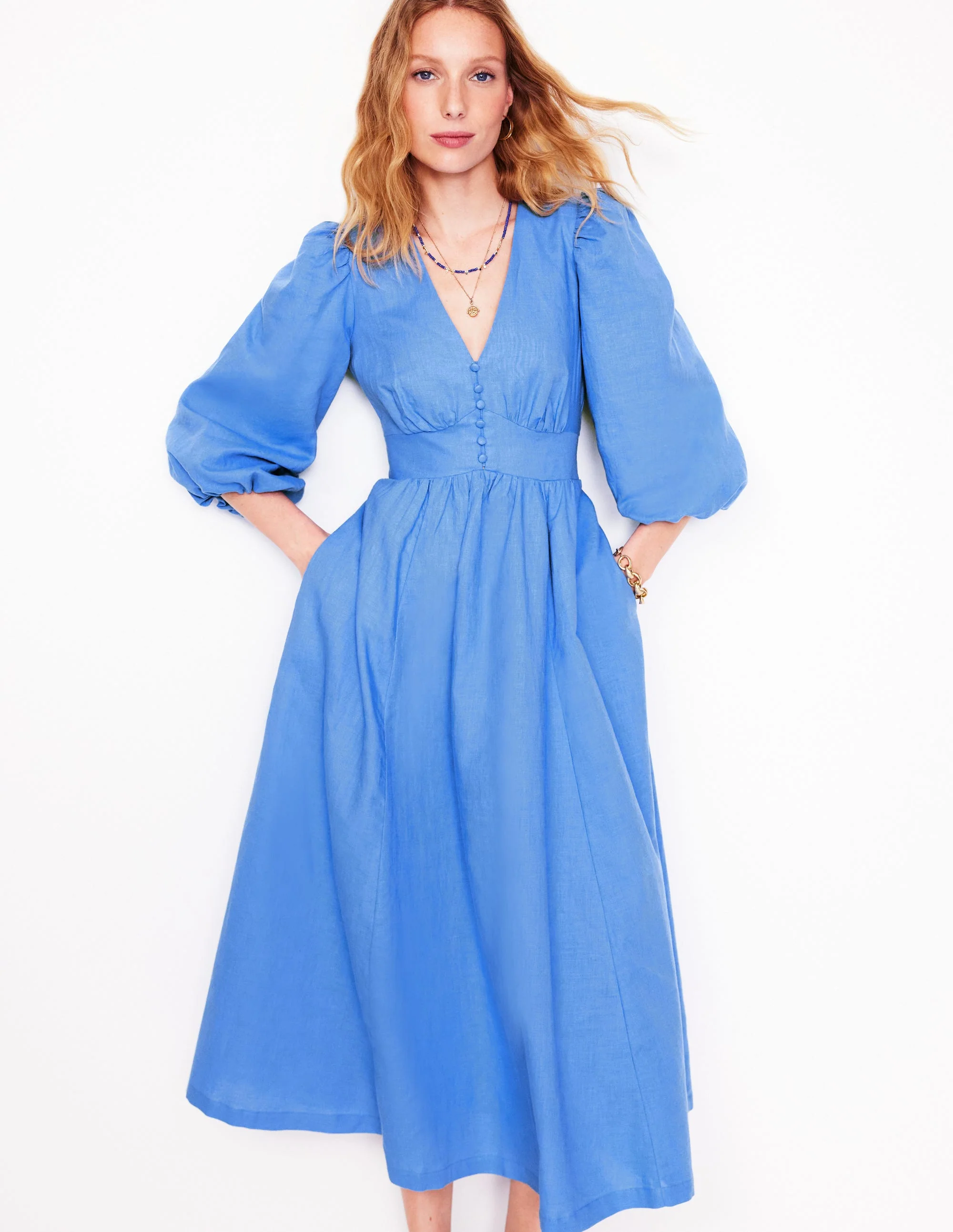 Lola Blouson-Maxikleid-Ozeanblau/Grau Meliert