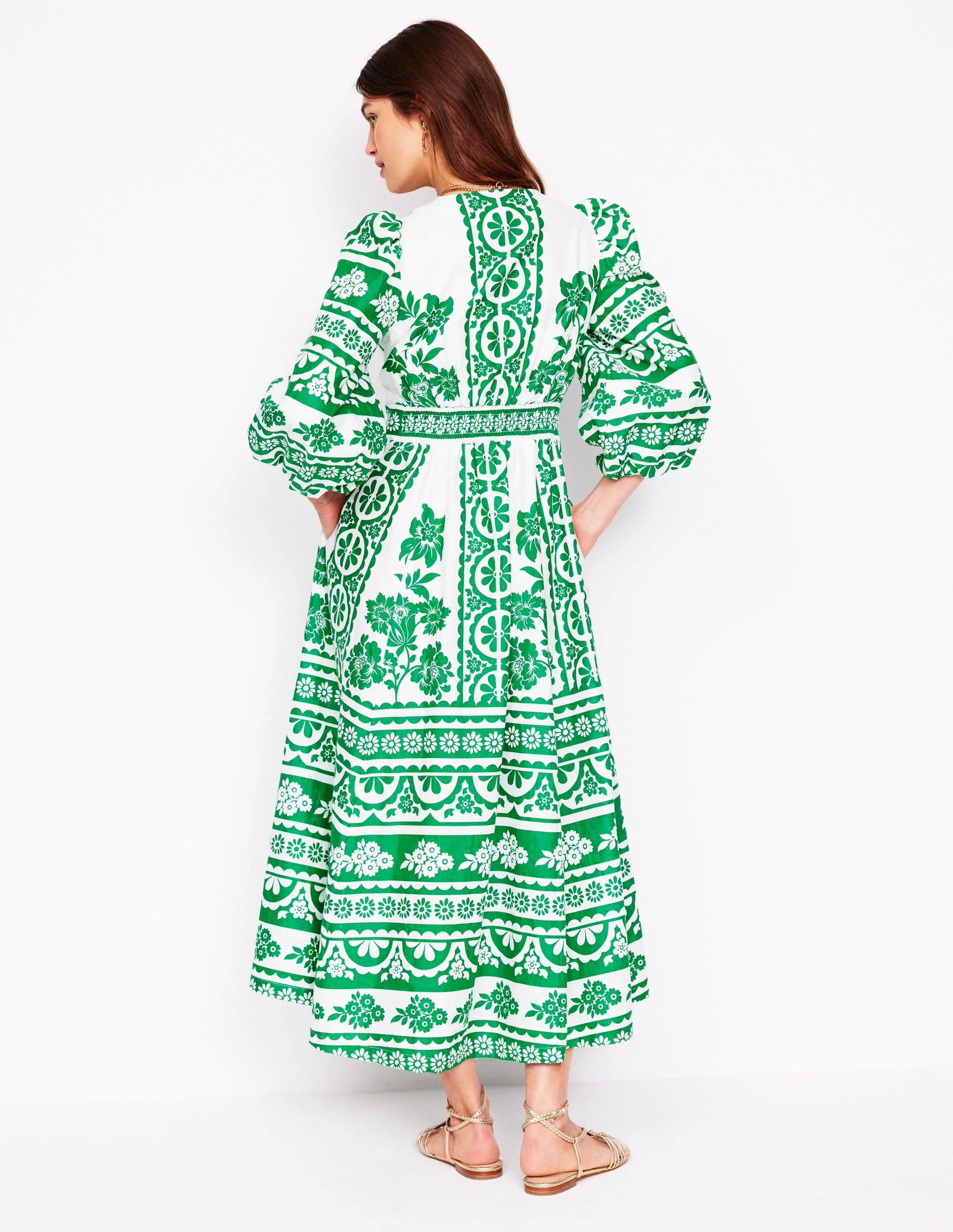 Lola Blouson-Maxikleid-Smaragdgrün, Tropenornament - Image 3