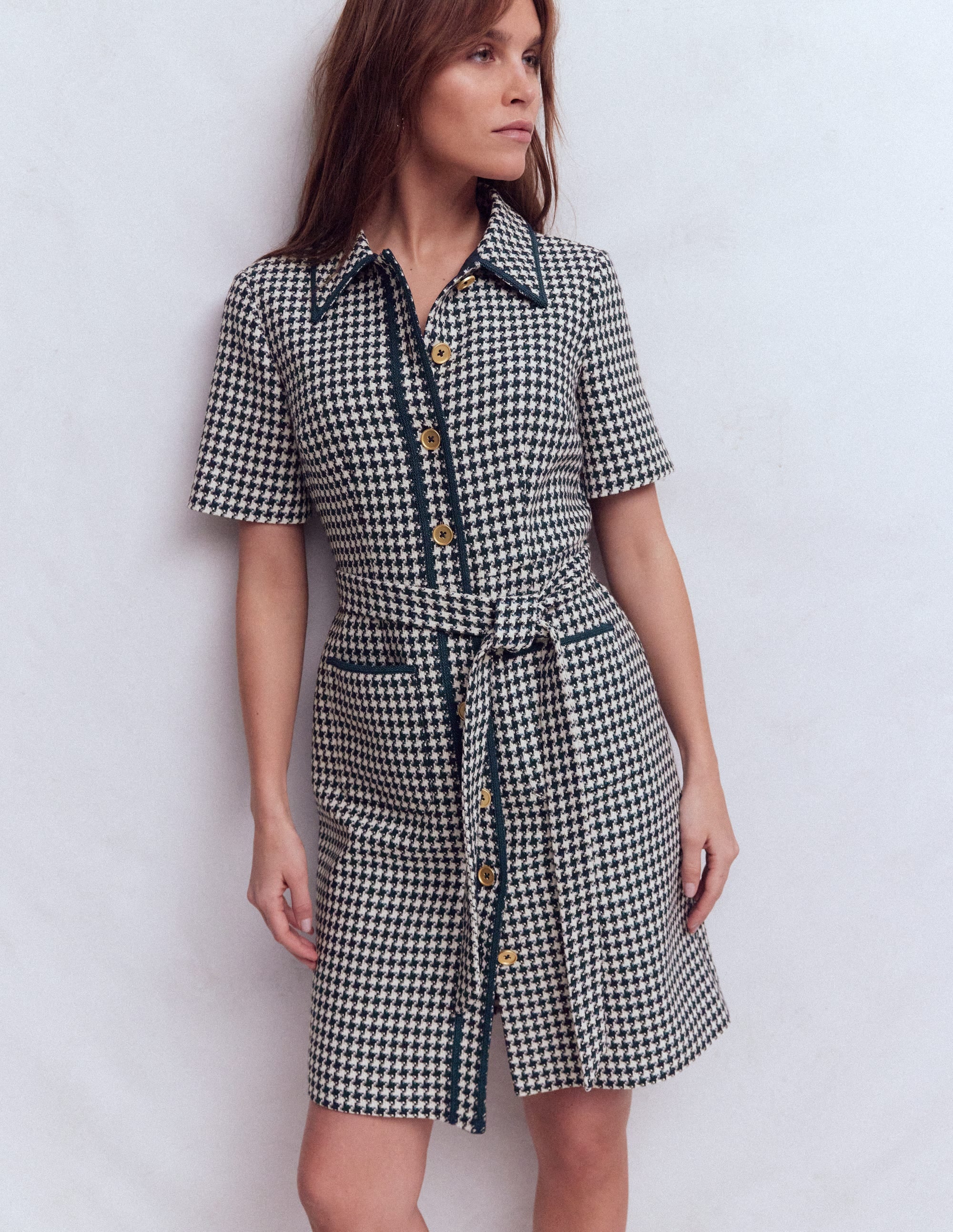 Loren Kurzes Kleid mit Besatz-Marineblau Hahnentrittmuster