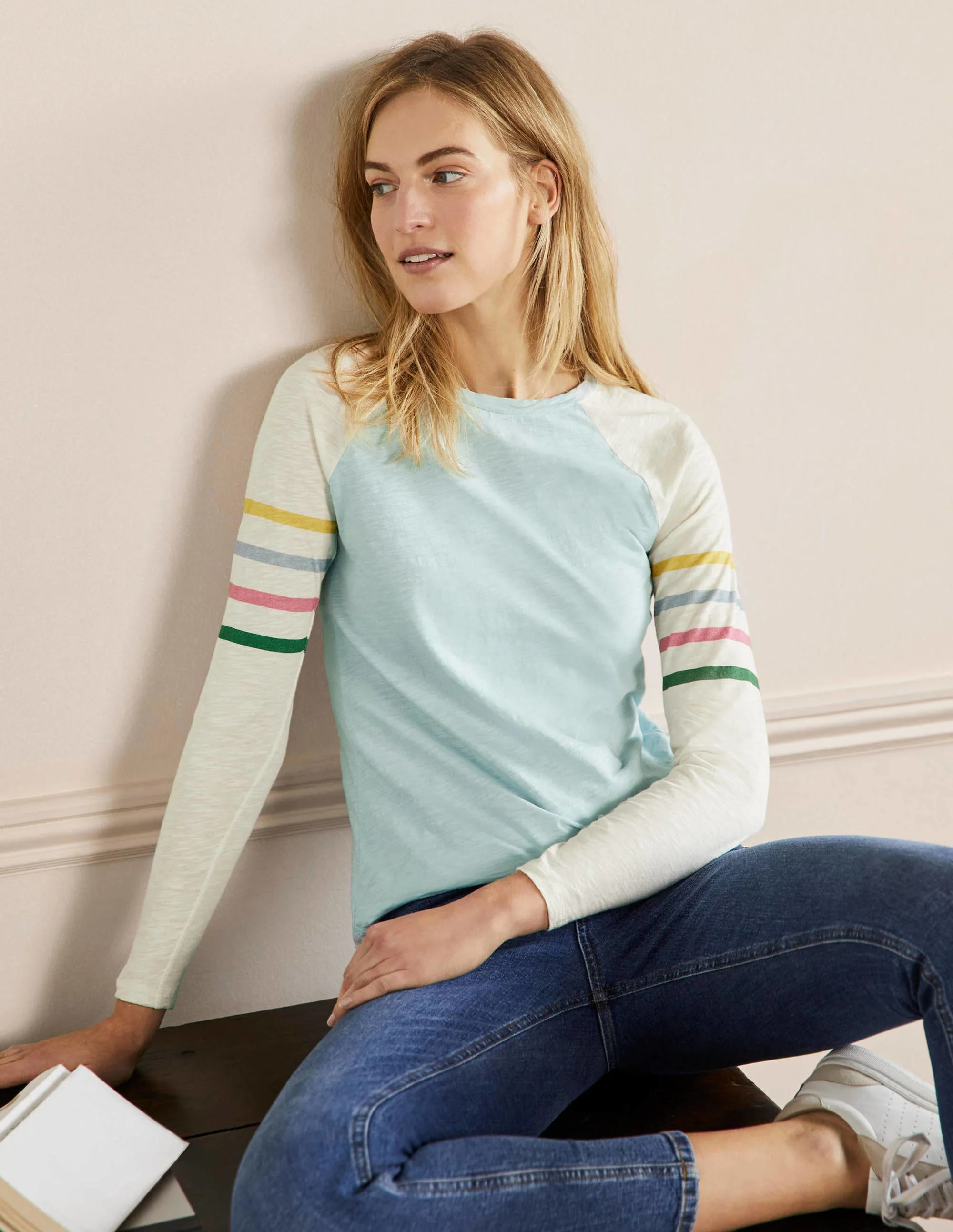 Lorna Jerseyoberteil im Baseball-Stil-Blau/Bunt, Gestreifte Ärmel - Image 4