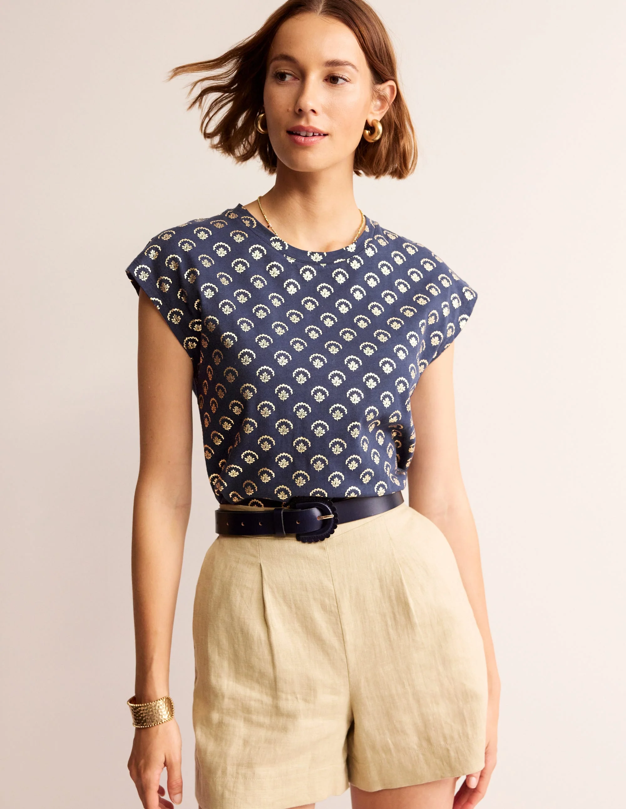 Louisa Flammgarn-T-Shirt mit Druck-Marineblau, Weinrebe Folie