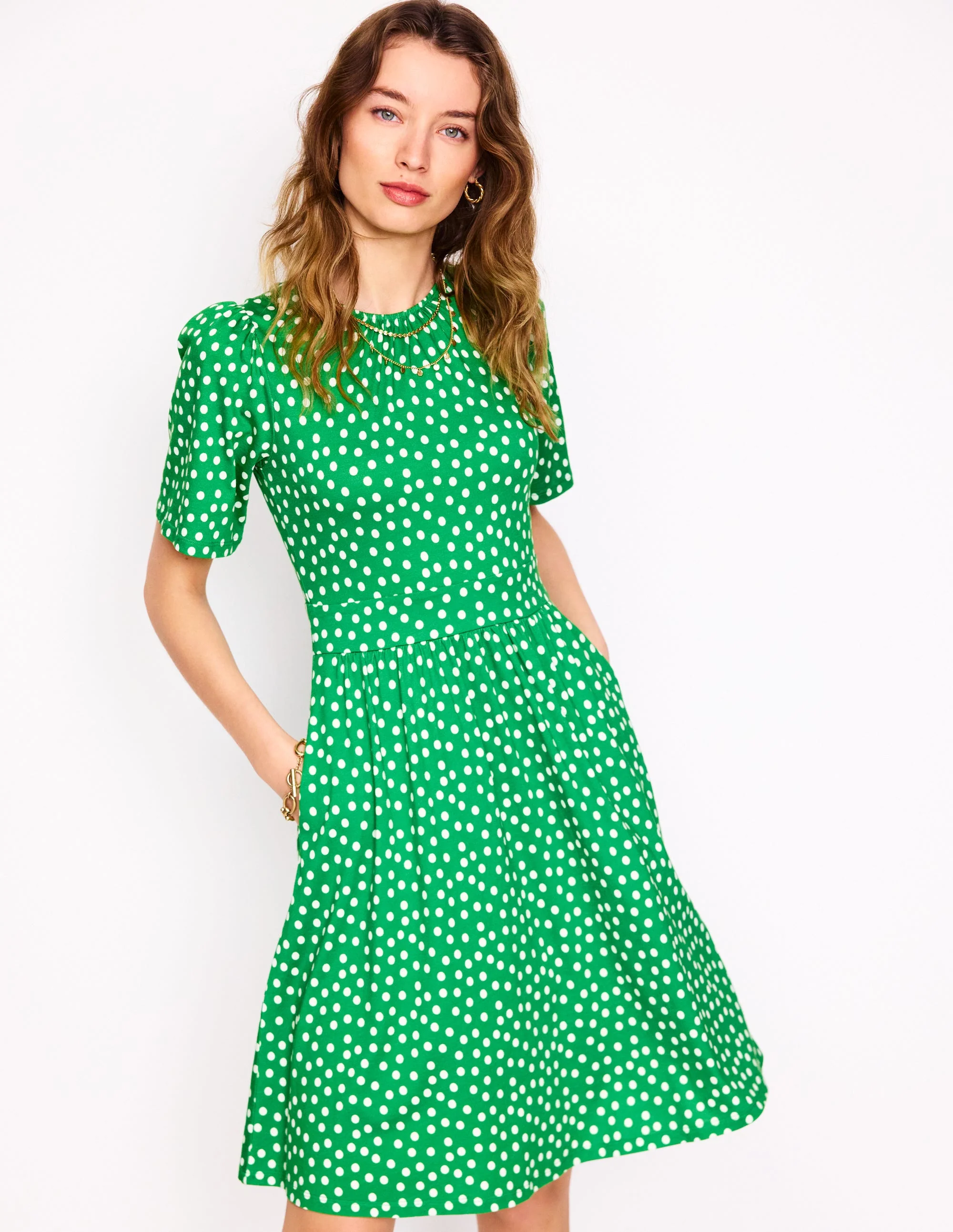 Louisa Kurzes Jerseykleid-Limettensaftgrün, Abstrakte Punkte - Image 4