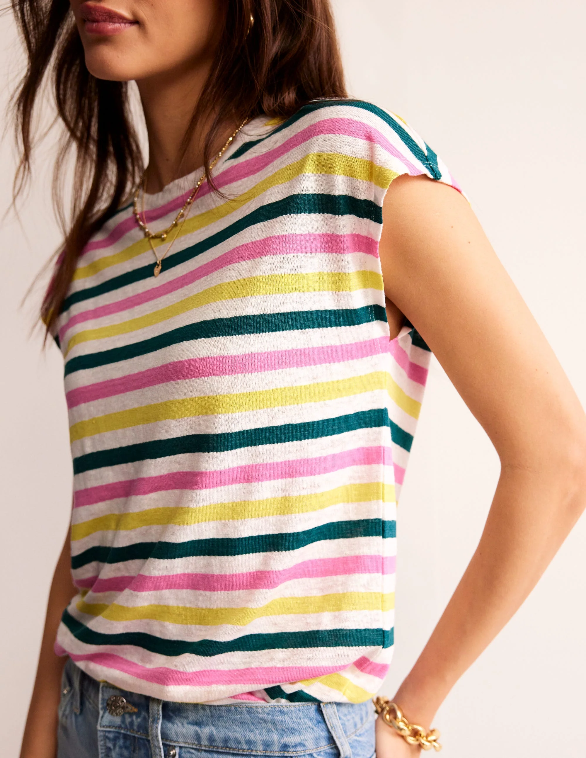 Louisa Leinen-T-Shirt mit Rundhalsausschnitt-Bunt Streifen - Image 2