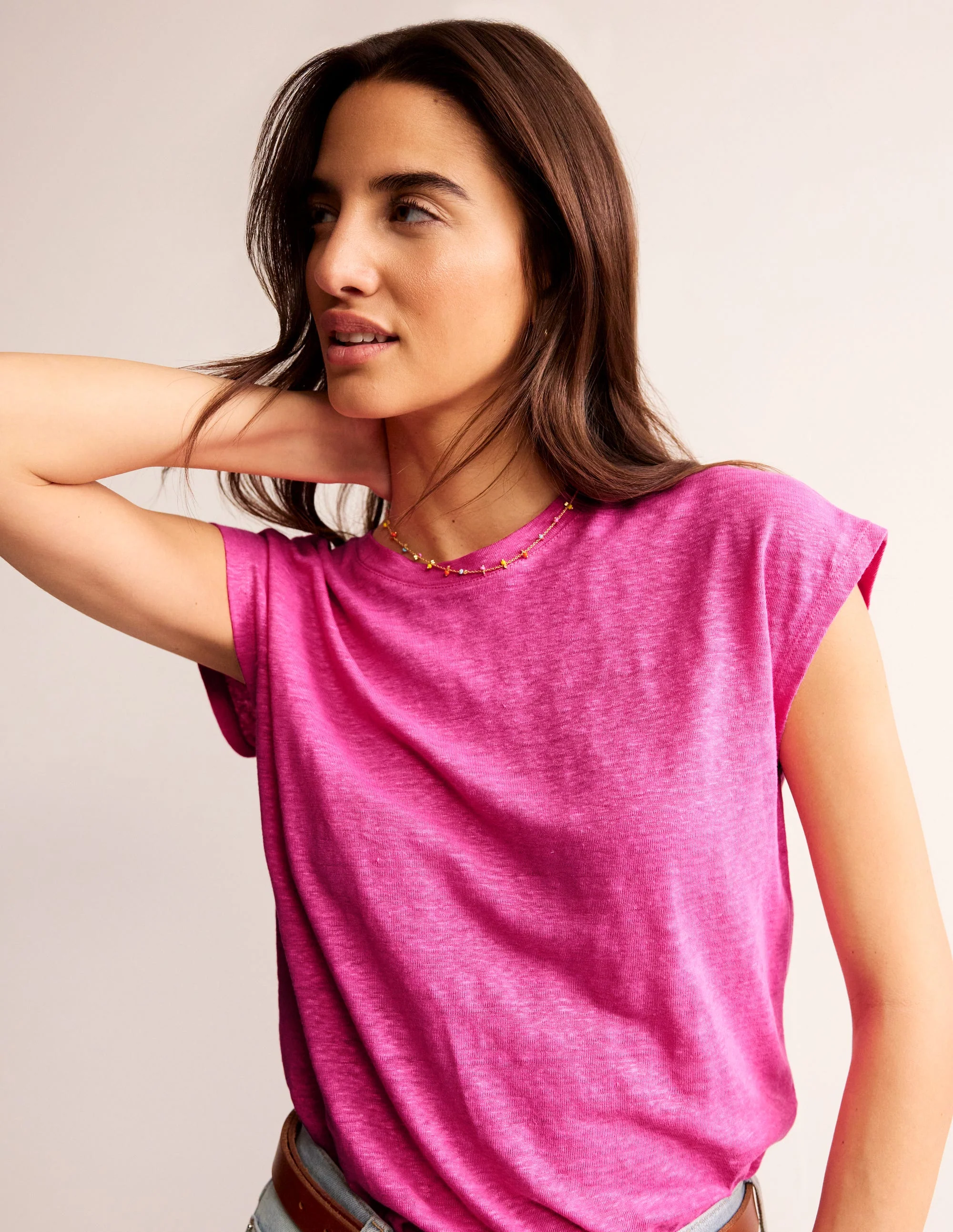Louisa Leinen-T-Shirt mit Rundhalsausschnitt-Sangria Sonnenuntergang