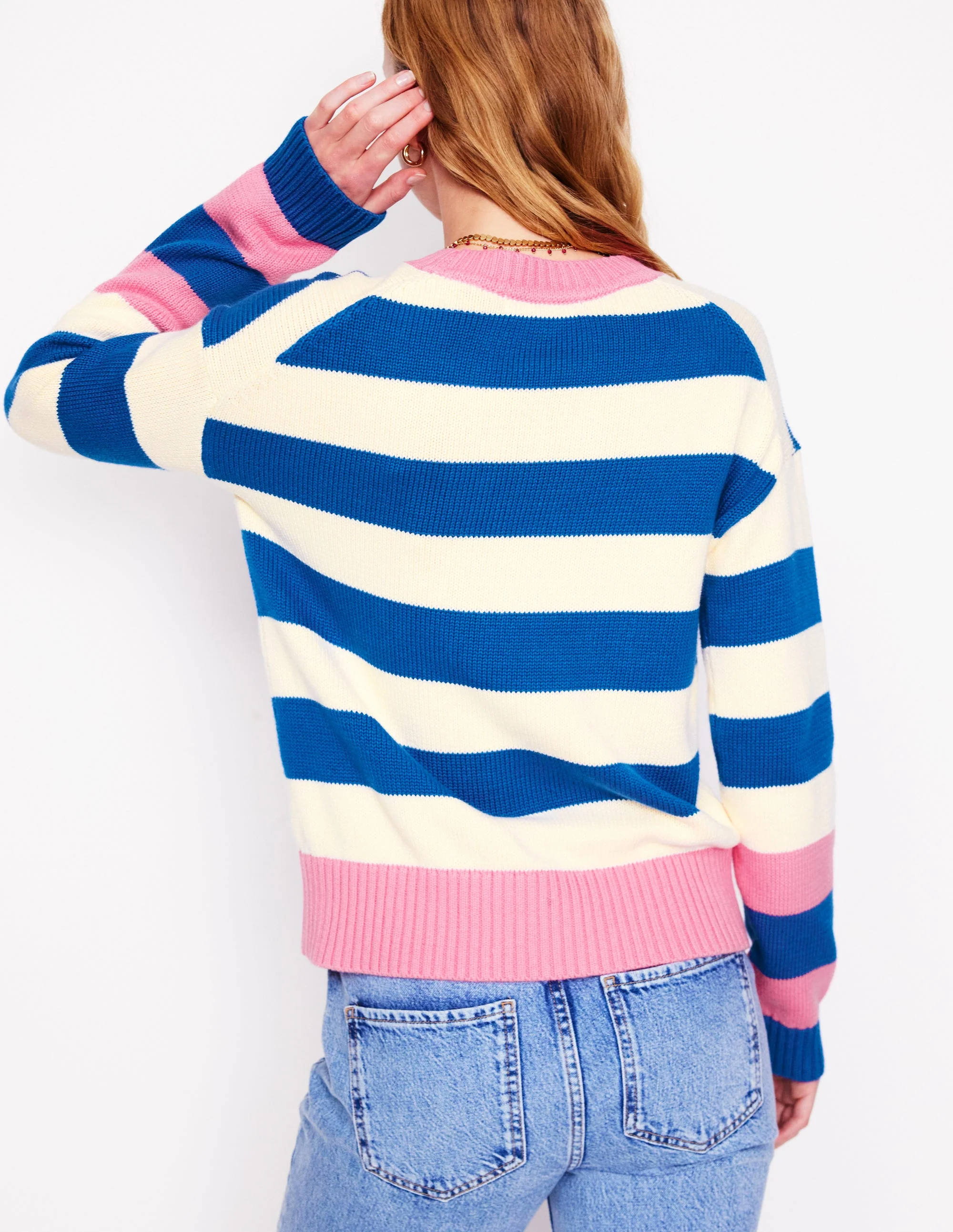 Lucinda Gestreifter Pullover aus Baumwolle-Leuchtendes Blau, Rosarote Bündchen - Image 4