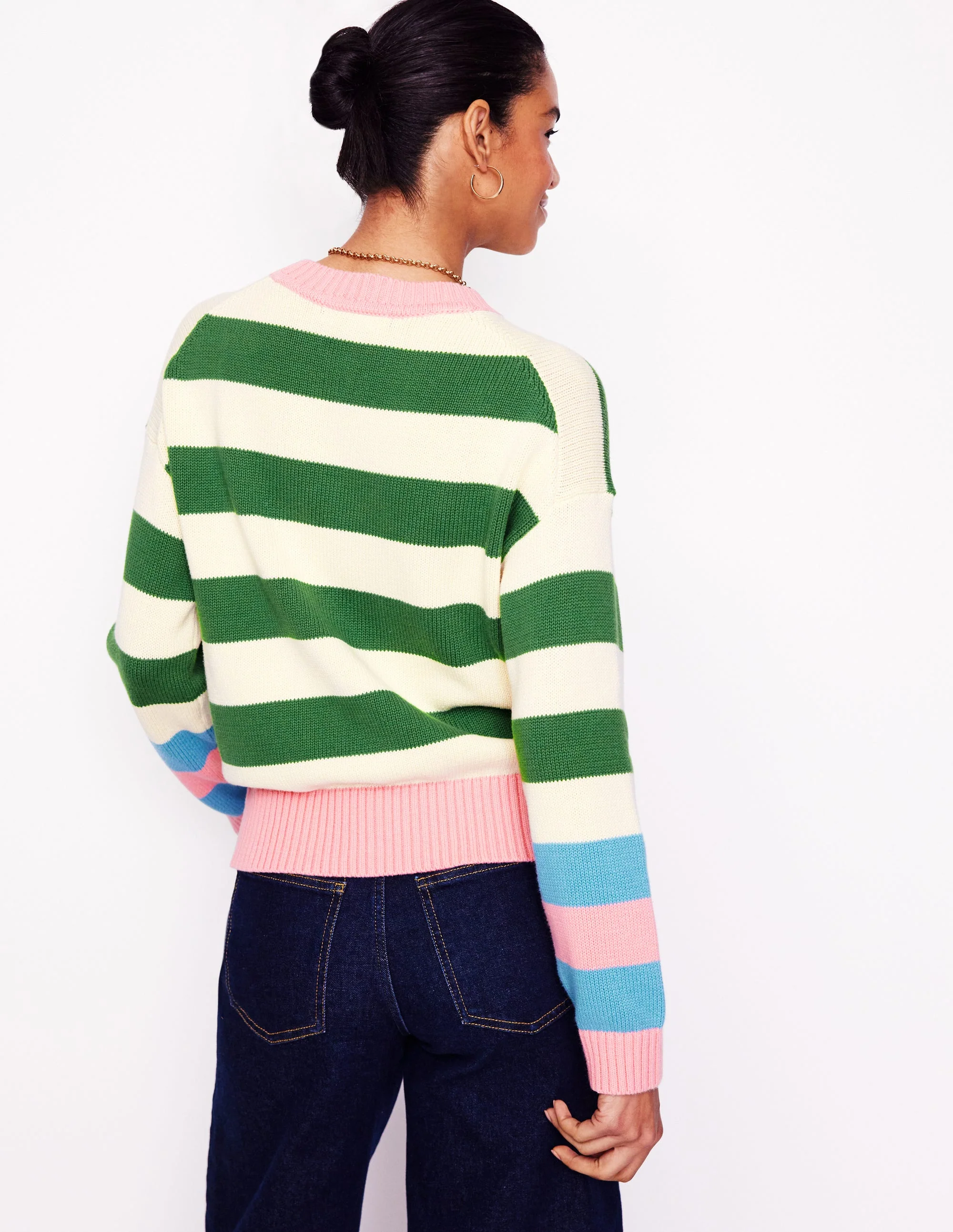 Lucinda Gestreifter Pullover aus Baumwolle-Paradiesgrün, Rosa Bündchen - Image 3
