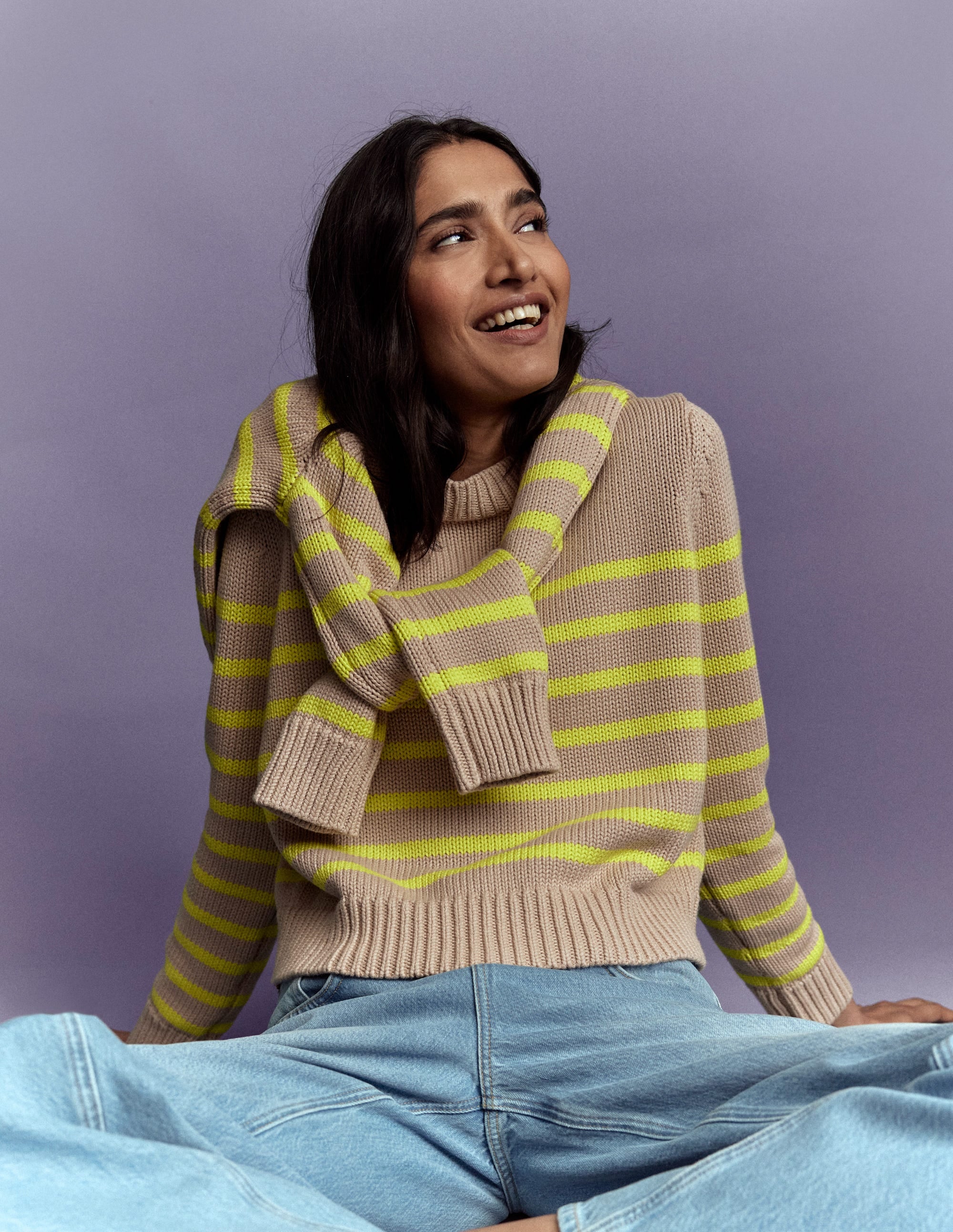 Lucy Grob gestrickter Baumwollpullover-Kamelbraun Meliert, Neon Streifen