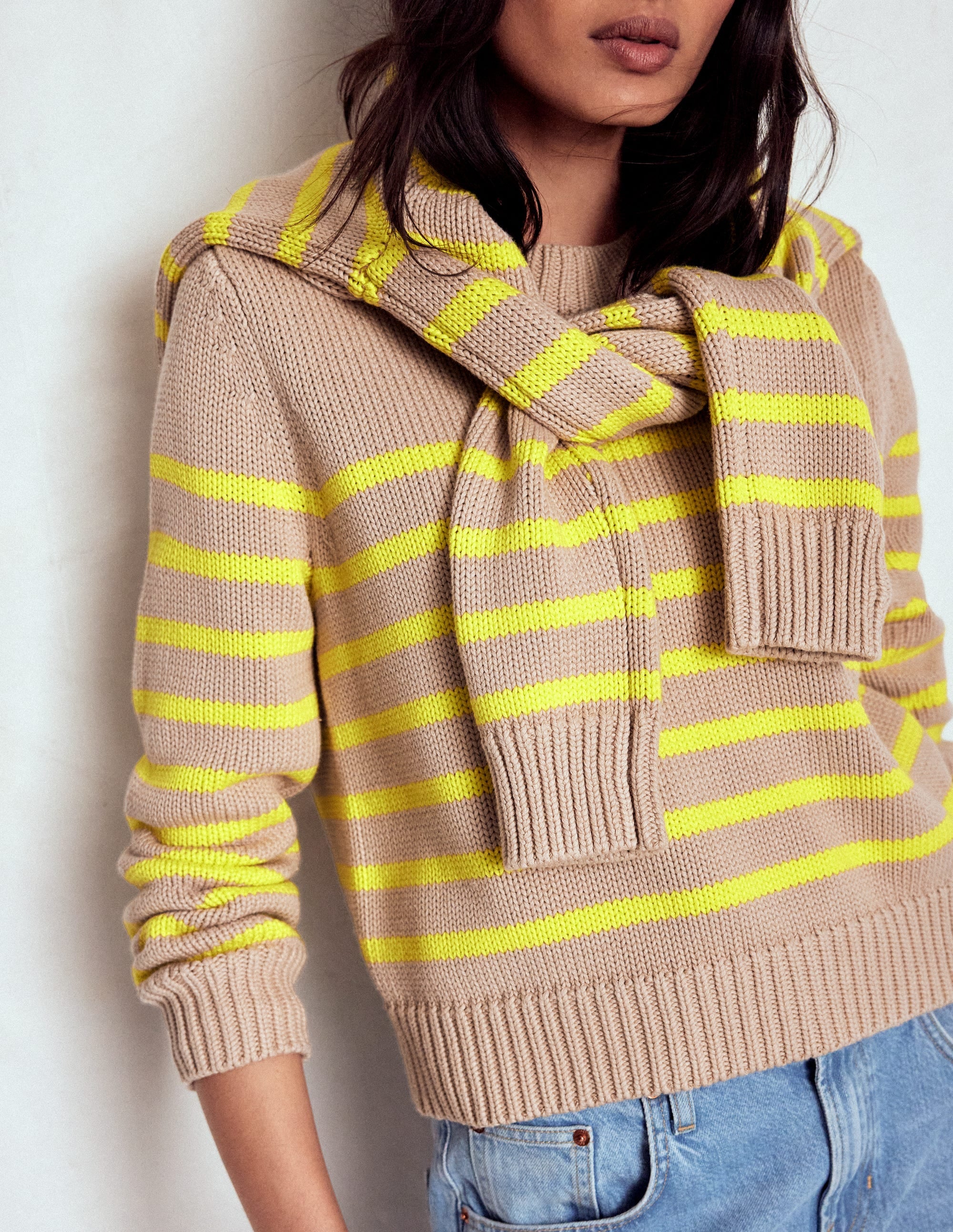 Lucy Grob gestrickter Baumwollpullover-Kamelbraun Meliert, Neon Streifen - Image 4