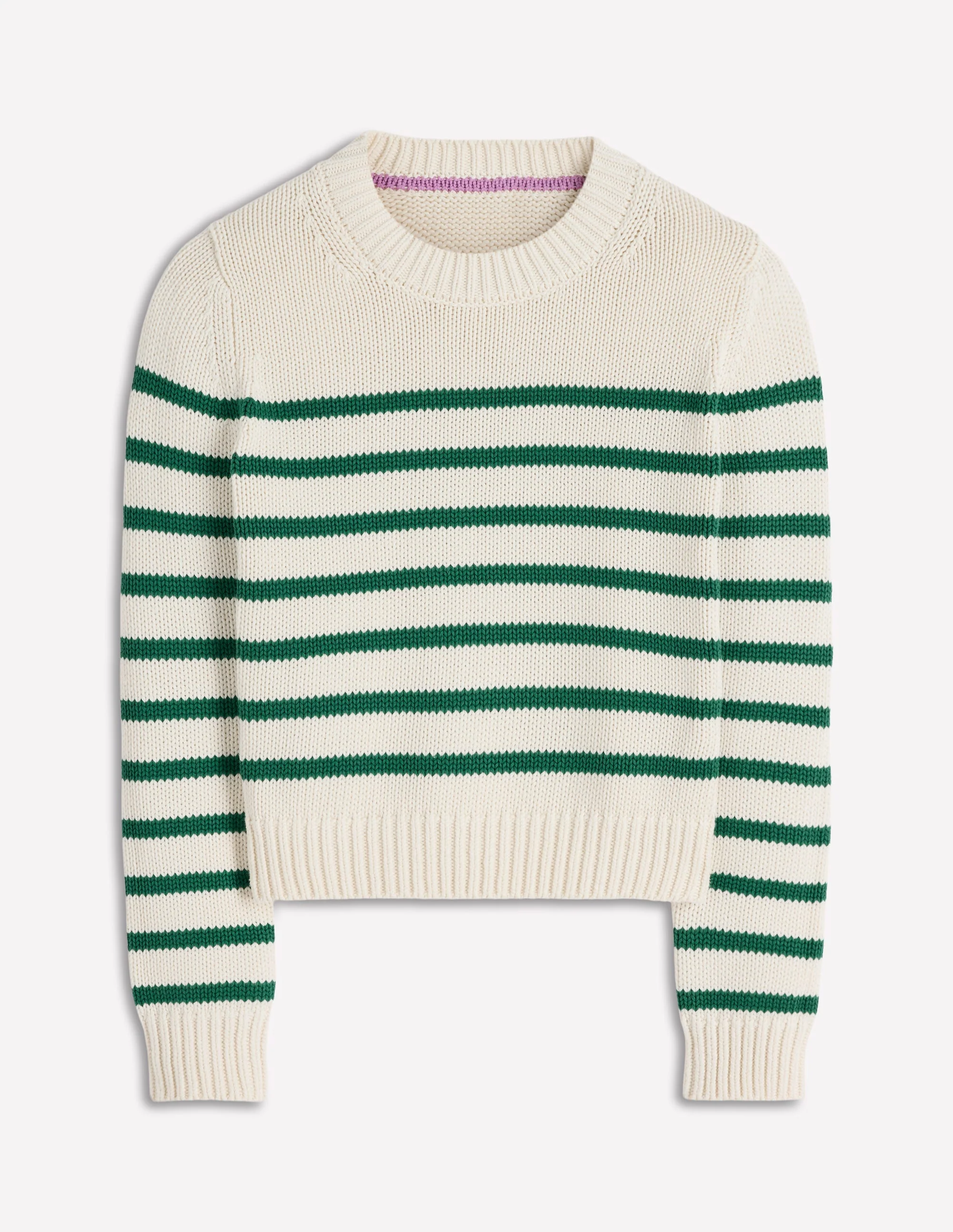 Lucy Grob gestrickter Baumwollpullover-Naturweiß und Juwelengrün Streifen - Image 5