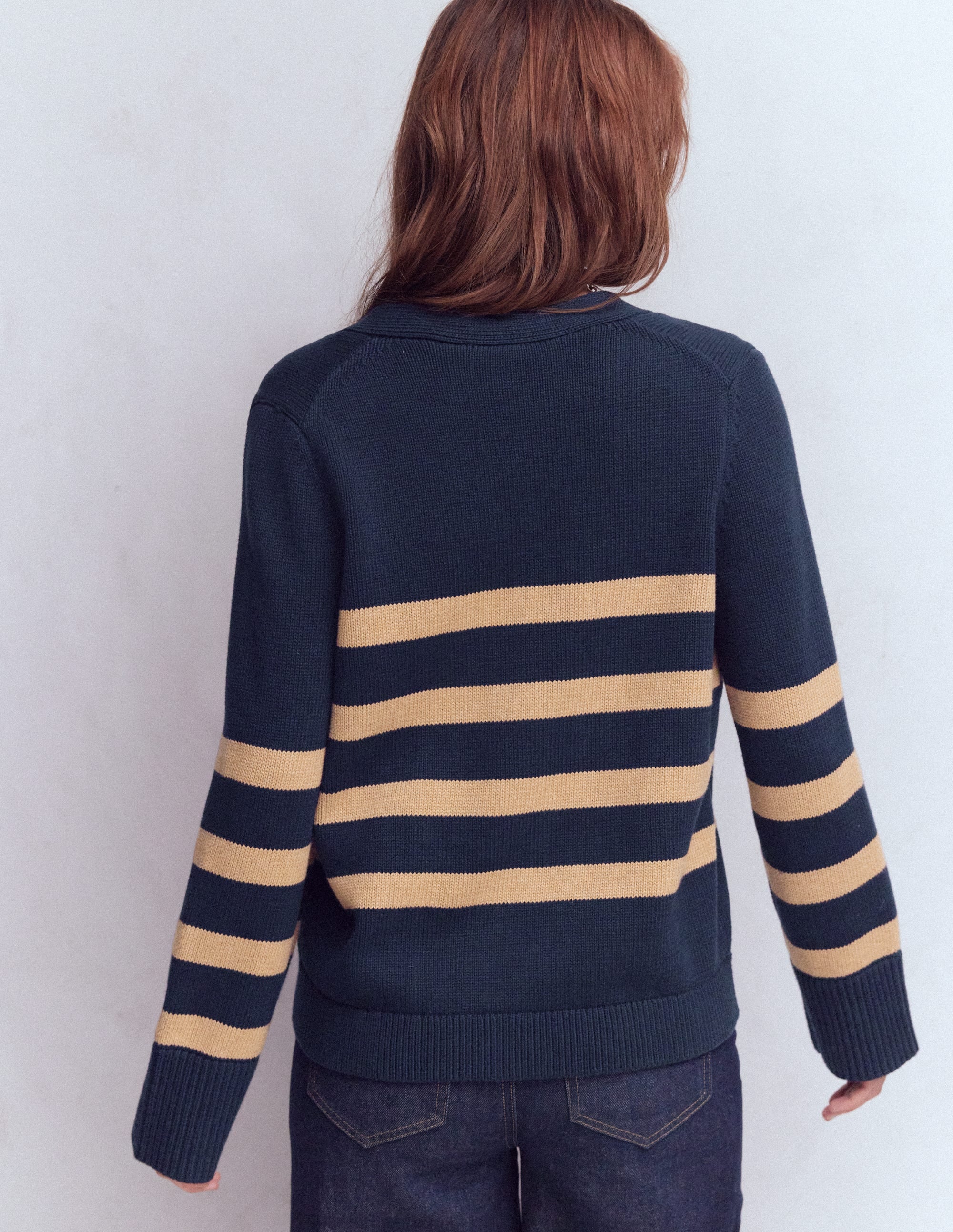 Lucy Lockere Strickjacke aus Baumwolle-Marineblau/Kamelbraun Meliert - Image 3