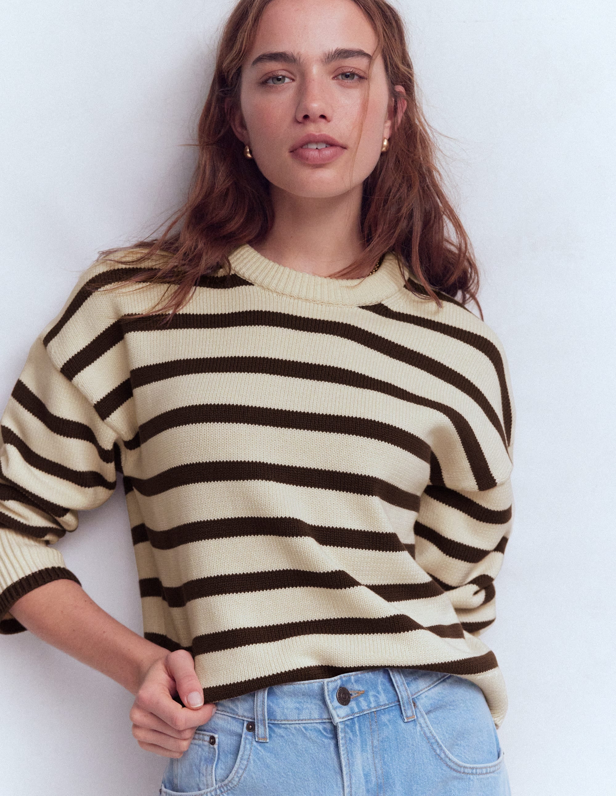 Lucy Lockerer Baumwollpullover-Naturweiß, Braun