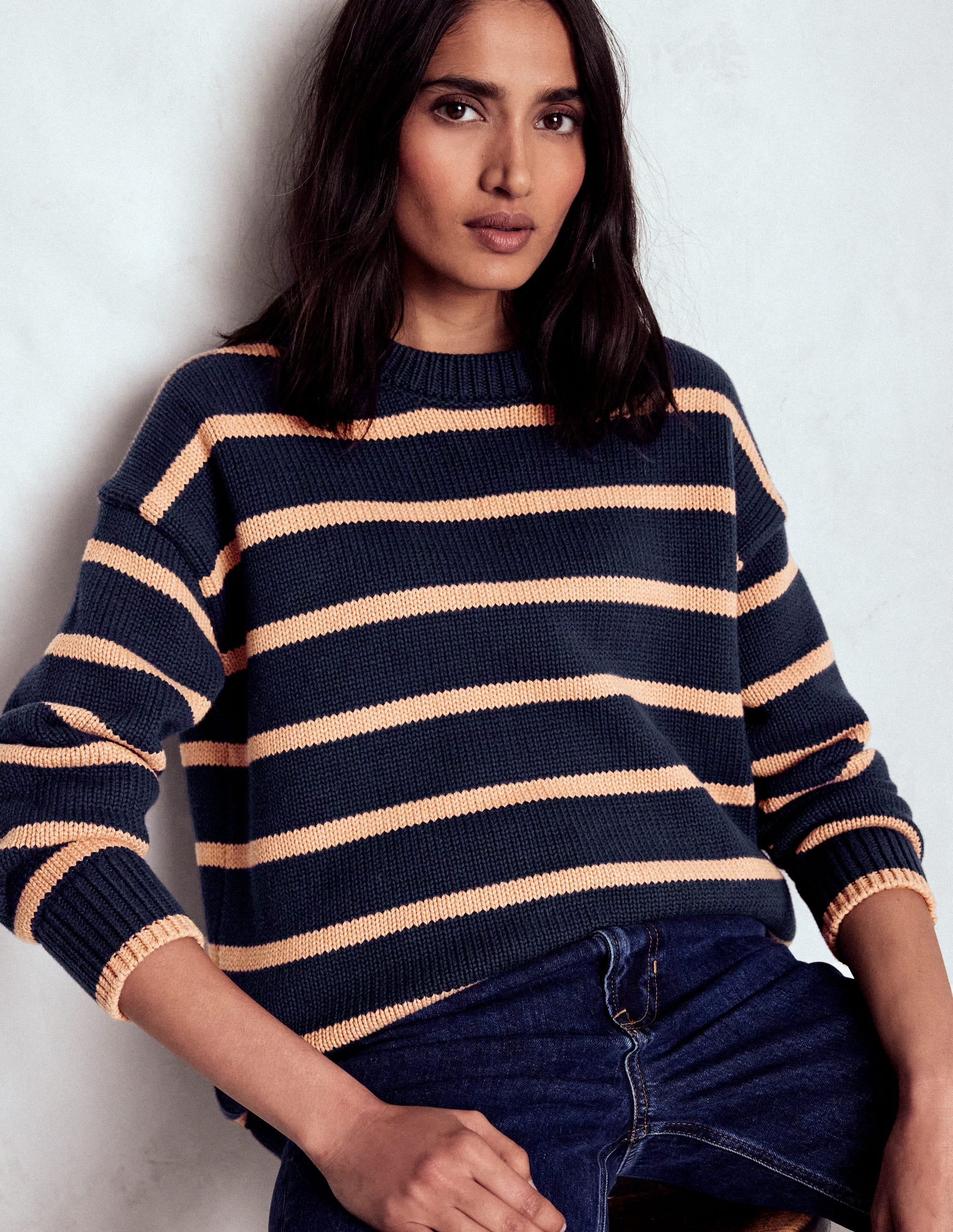 Lucy Oversize-Baumwollpullover-Marineblau/Kamelbraun Meliert