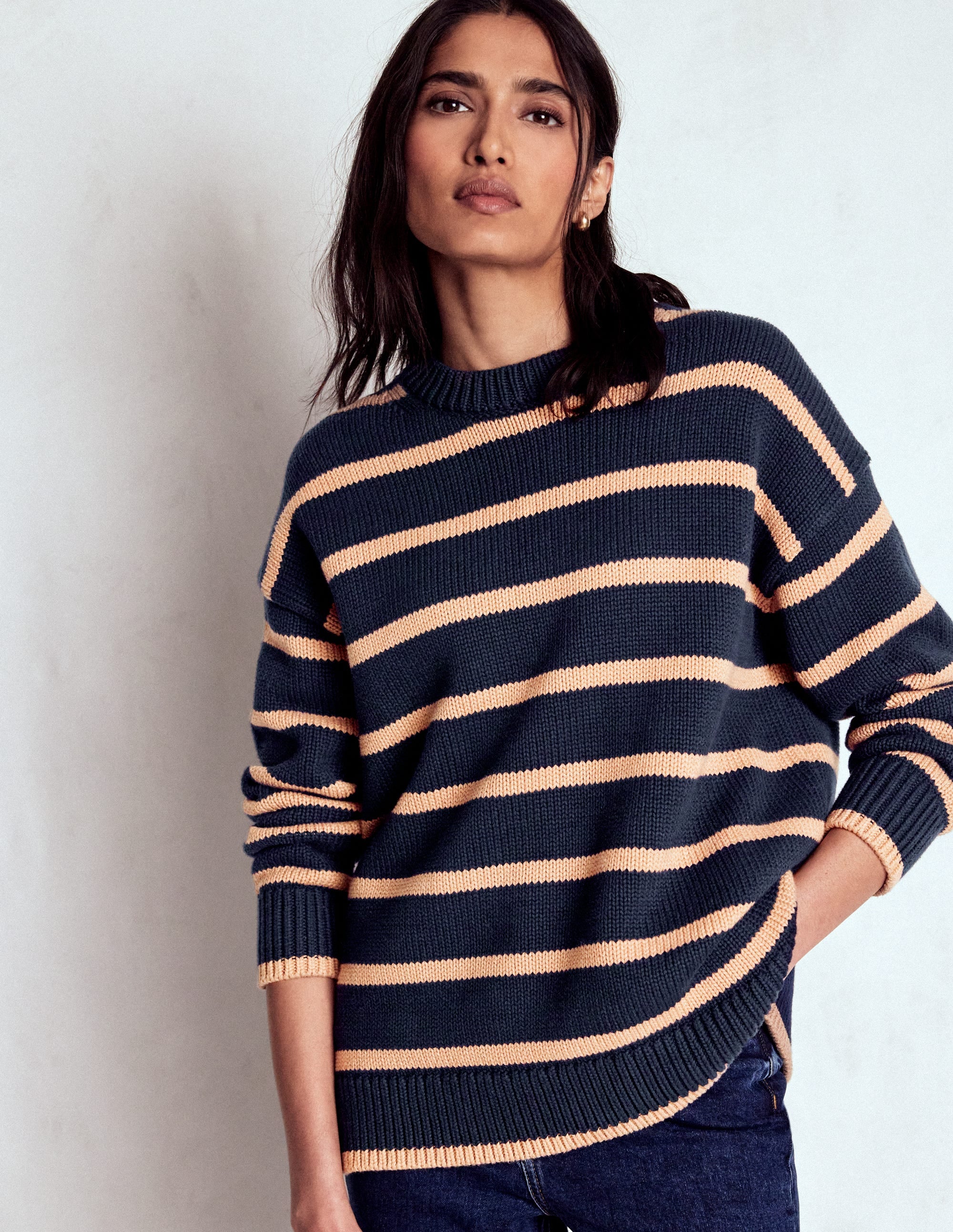 Lucy Oversize-Baumwollpullover-Marineblau/Kamelbraun Meliert - Image 4