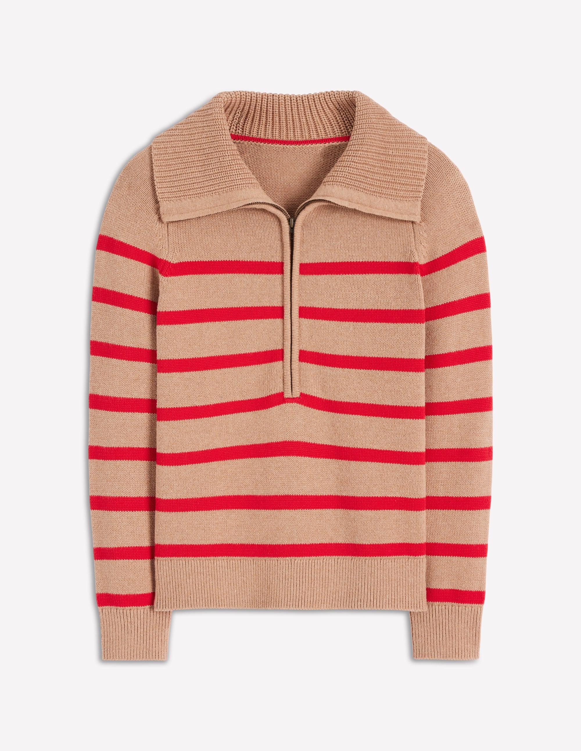Lucy Pullover mit Halbreißverschluss-Kamelbraun Meliert, Rote Streifen - Image 5