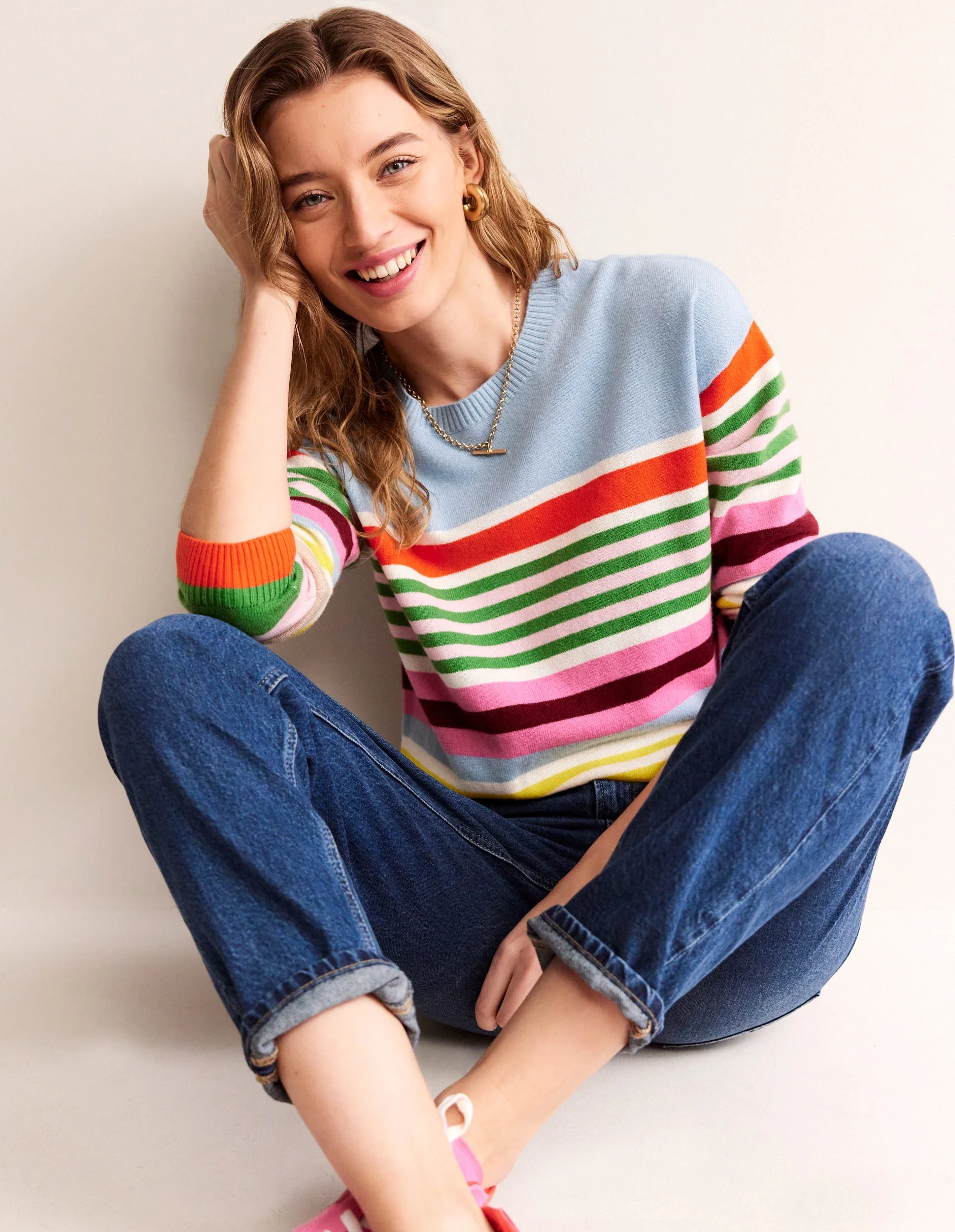 Lydia Kaschmirpullover-Hellblau, Orange Streifen