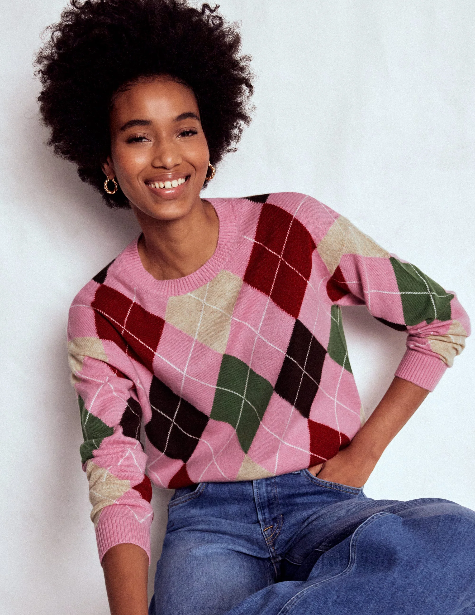 Lydia Kaschmirpullover-Rosa, Braun und Grün, Argyle