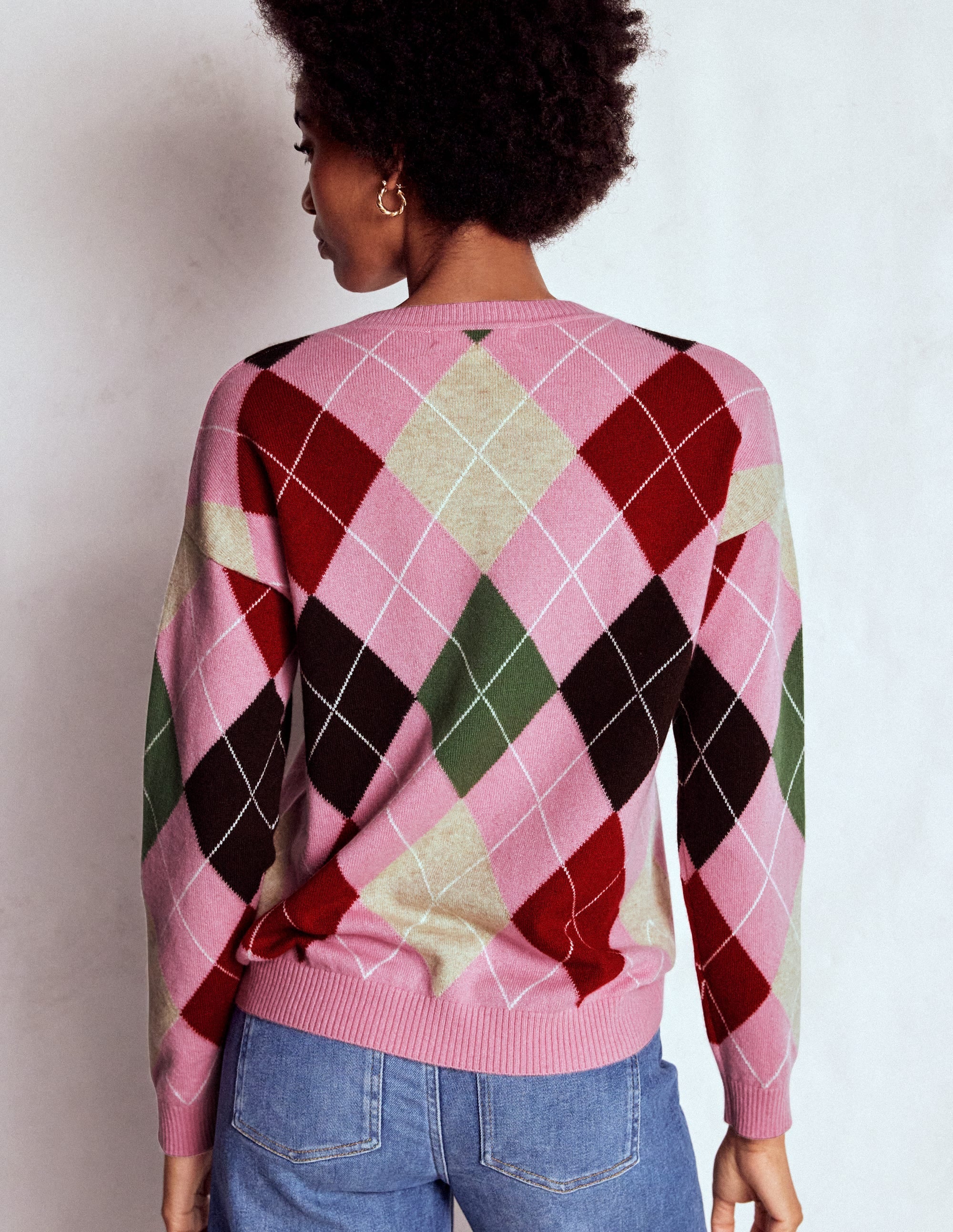 Lydia Kaschmirpullover-Rosa, Braun und Grün, Argyle - Image 3