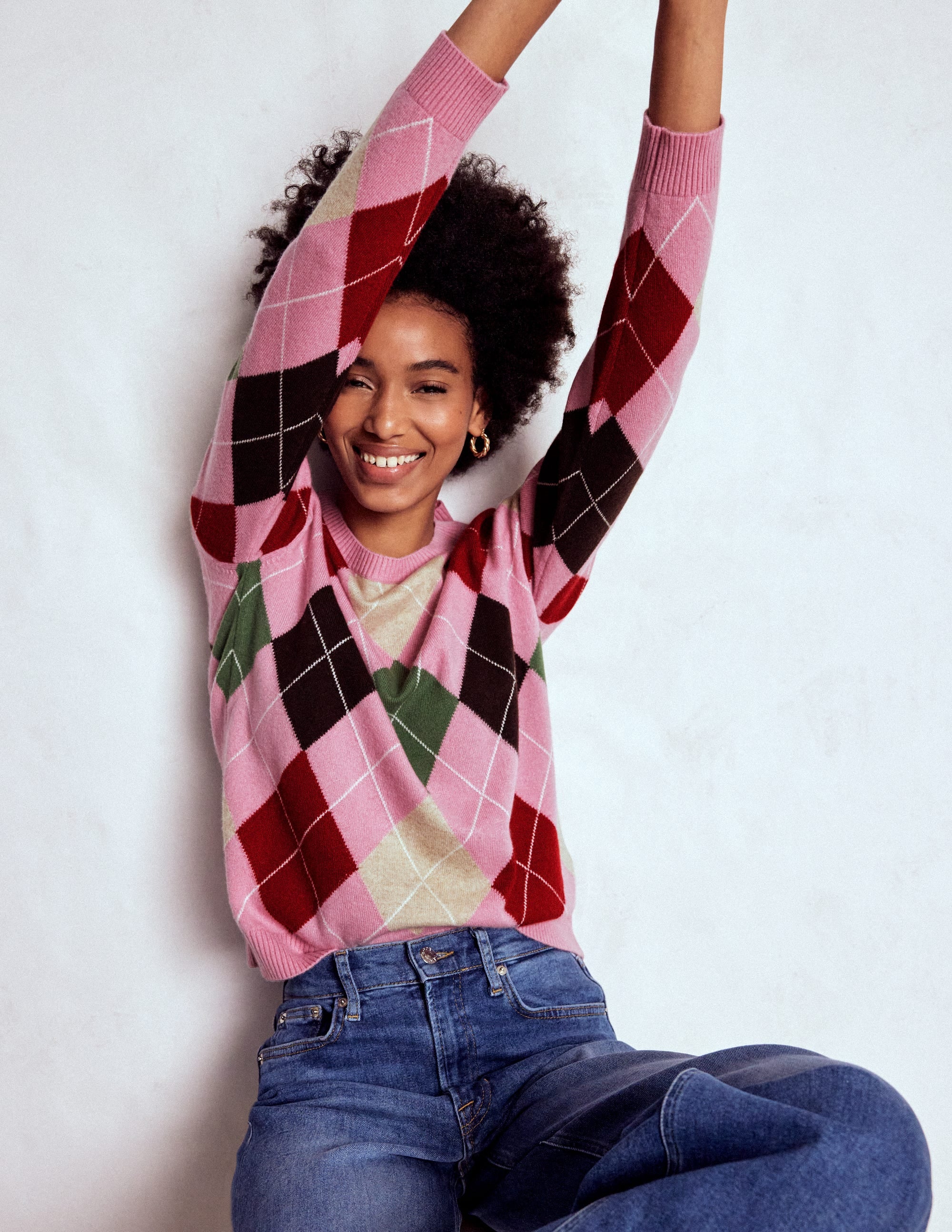 Lydia Kaschmirpullover-Rosa, Braun und Grün, Argyle - Image 4