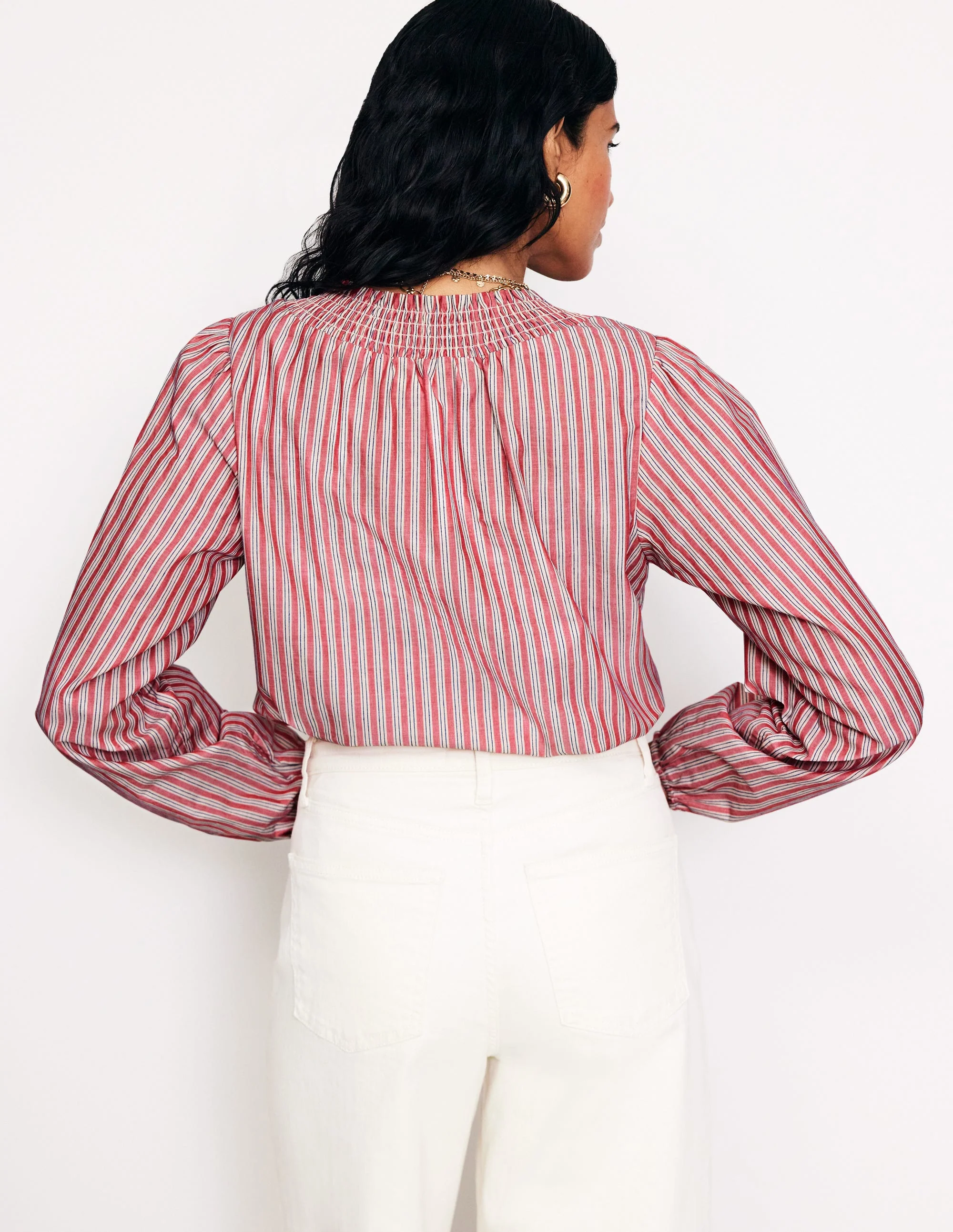 Mae Gesmokte Baumwollbluse-Rot mit Streifen - Image 3
