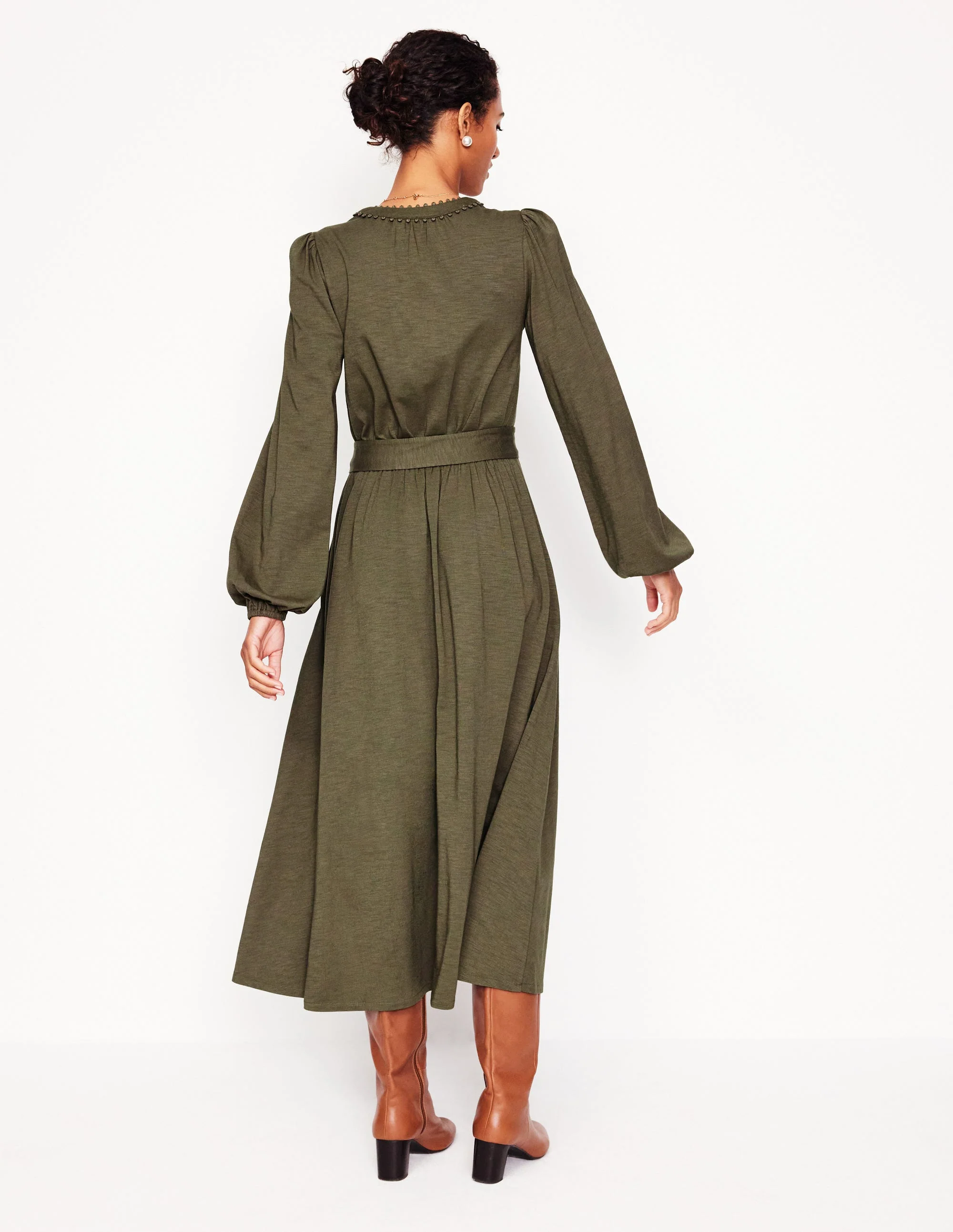 Maeve Jersey-Midikleid mit Besatz-Blasses Khaki - Image 3