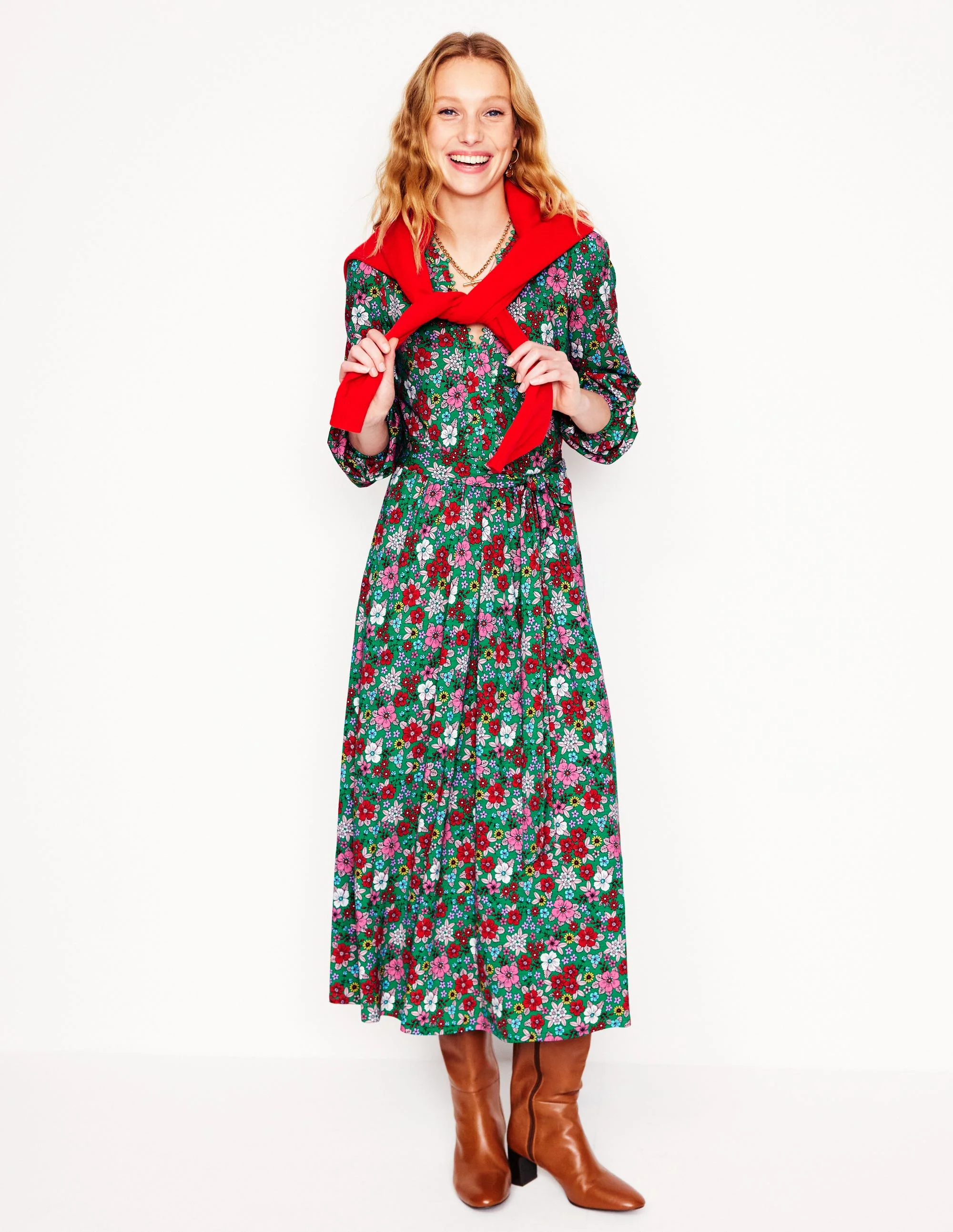 Maeve Jersey-Midikleid mit Besatz-Sattes Smaragdgrün, Blütenpracht - Image 4