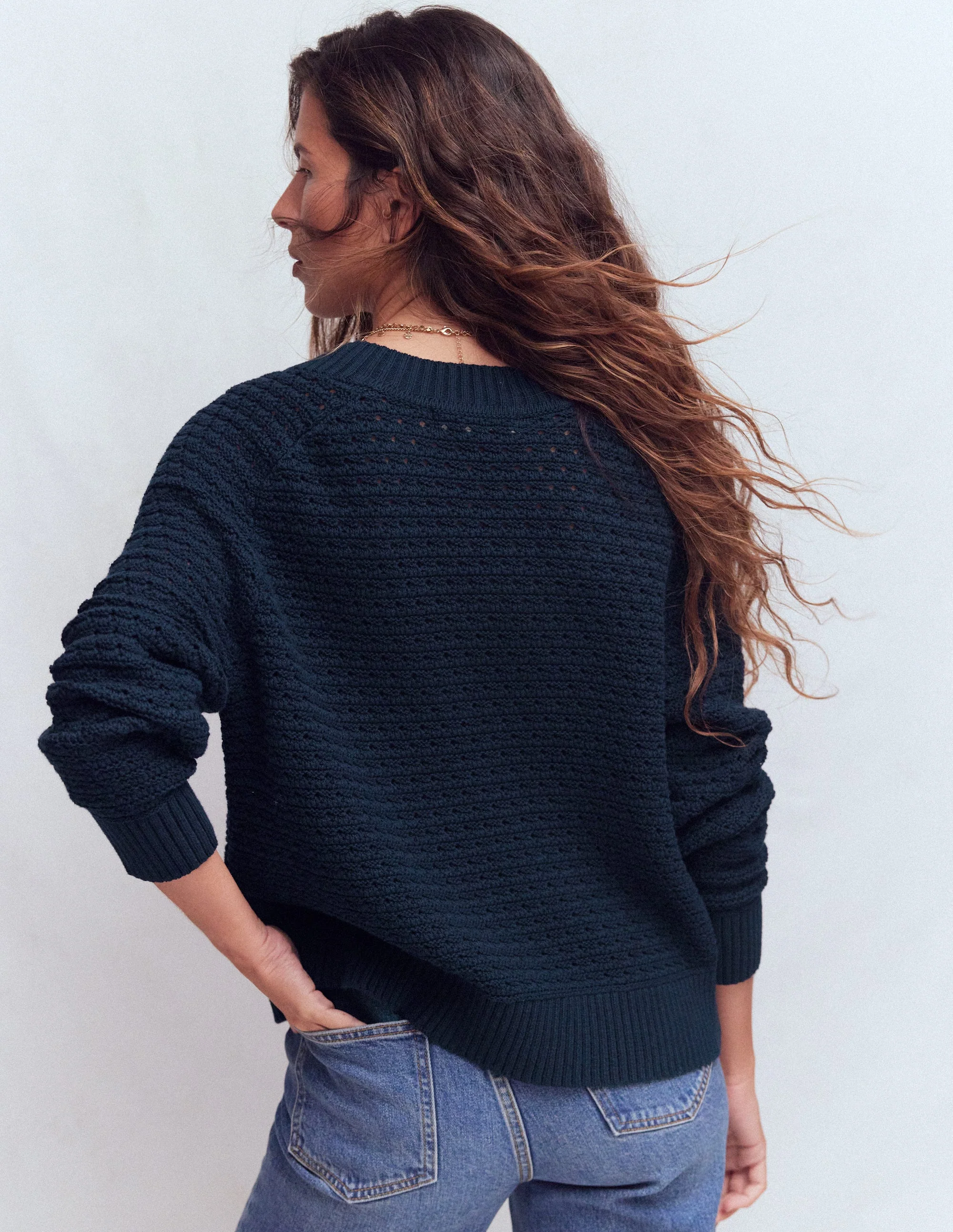 Maeve Texturierter Baumwollpullover-Marineblau - Image 4
