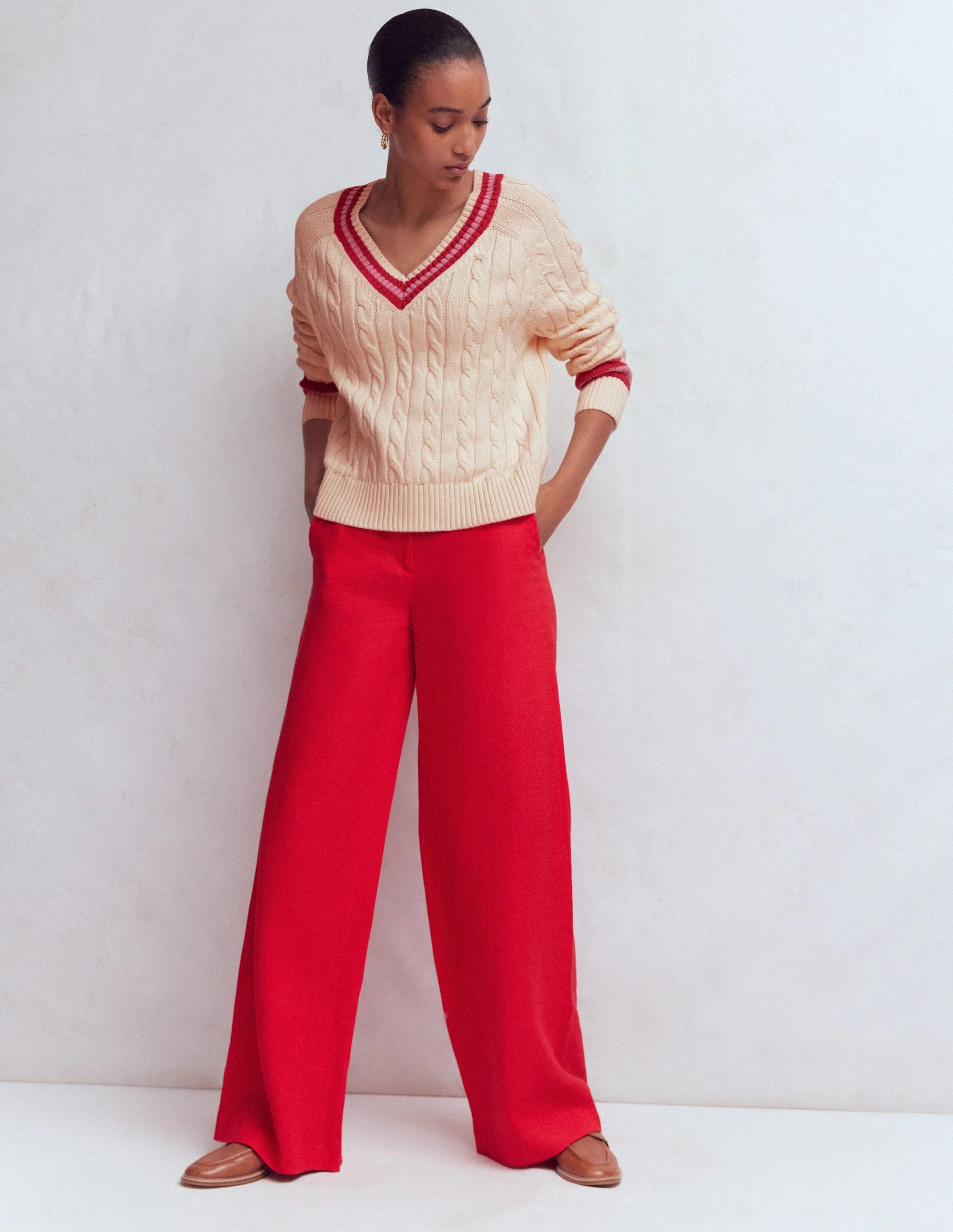 Maeve Texturierter Baumwollpullover-Naturweiß Zopfmuster, Rot - Image 5