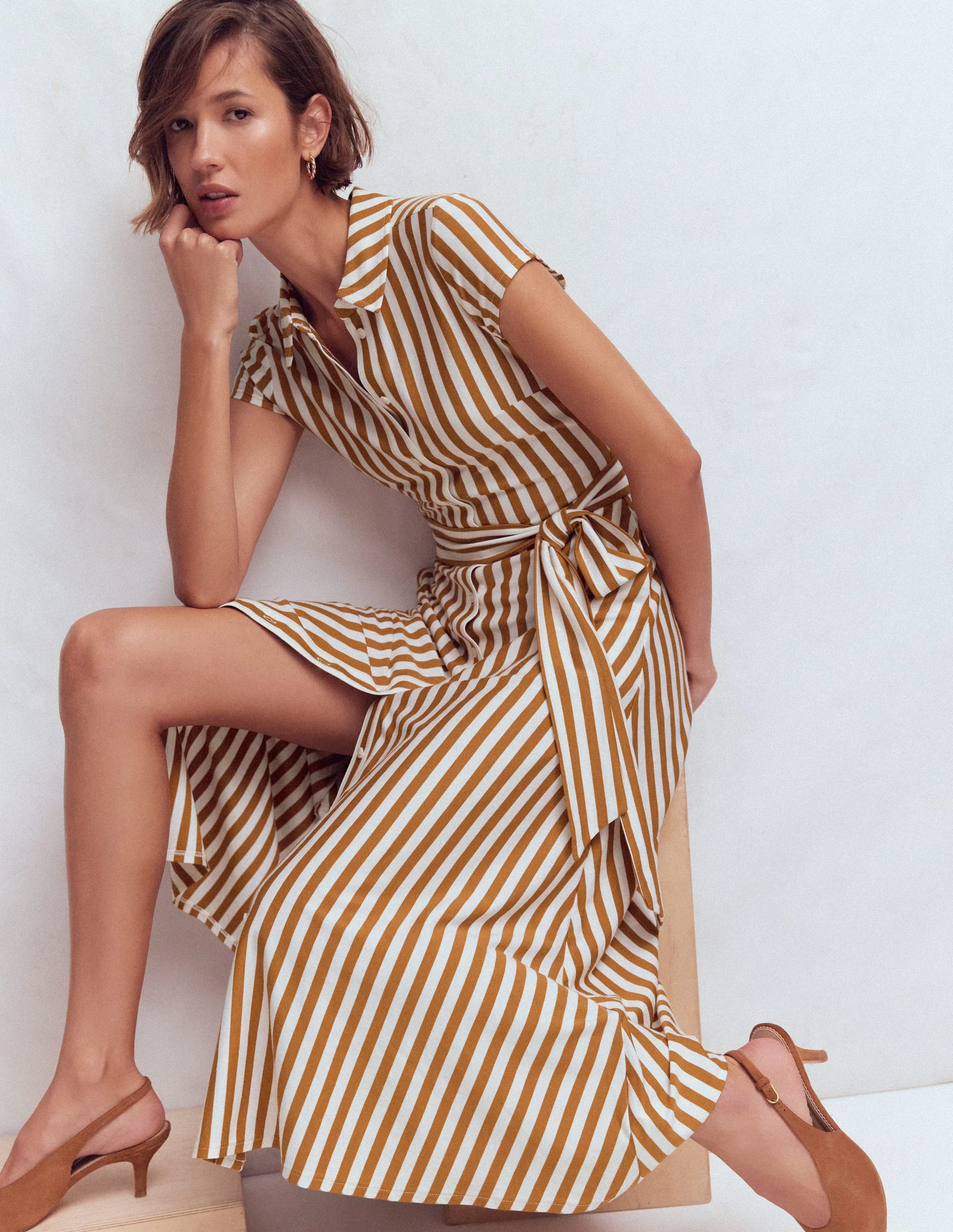 Marcia Jersey-Hemdblusenkleid-Cognac und Naturweiß Streifen
