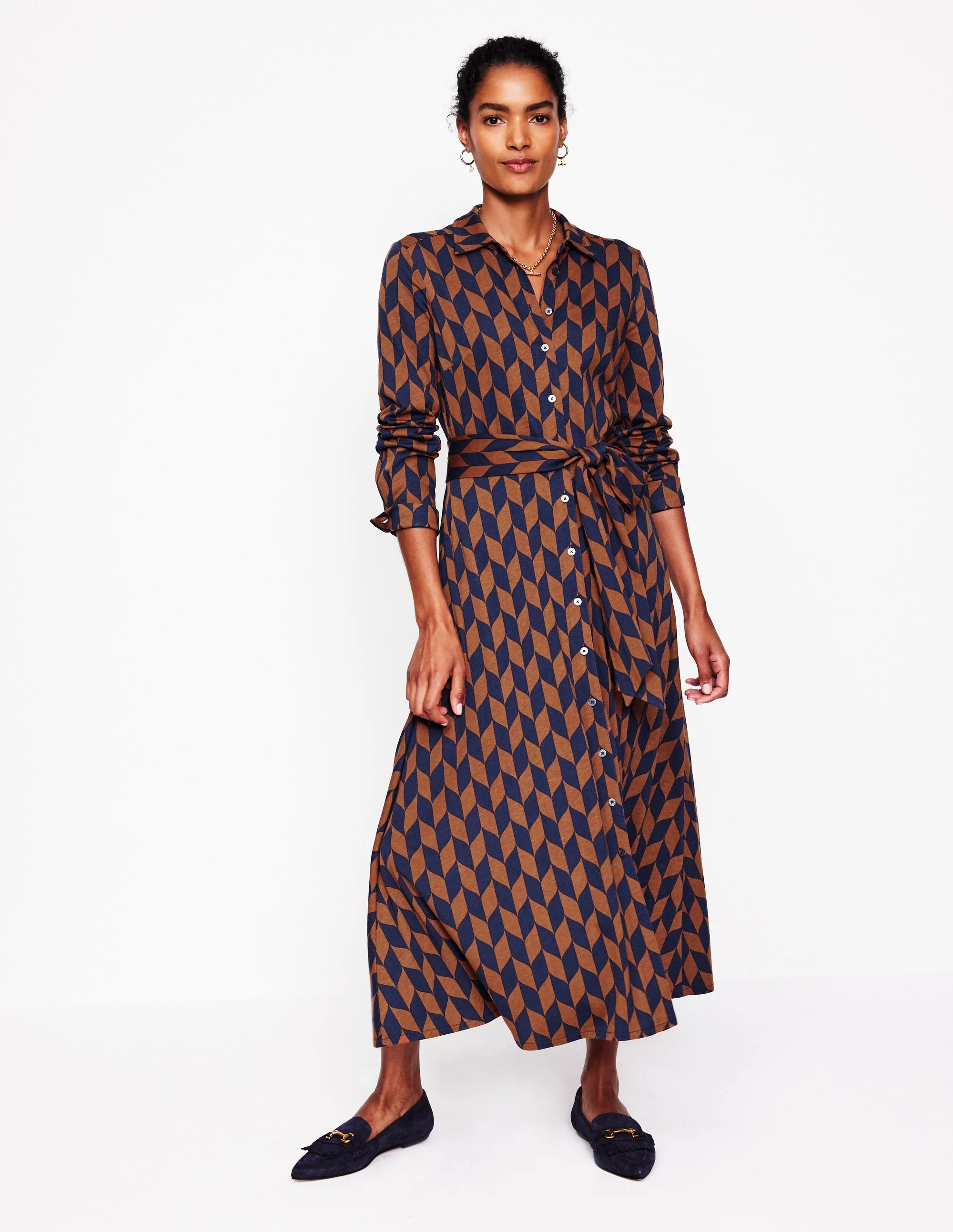 Marcia Jersey-Hemdblusenkleid-Cognak, Motiv Chevron-Swirl