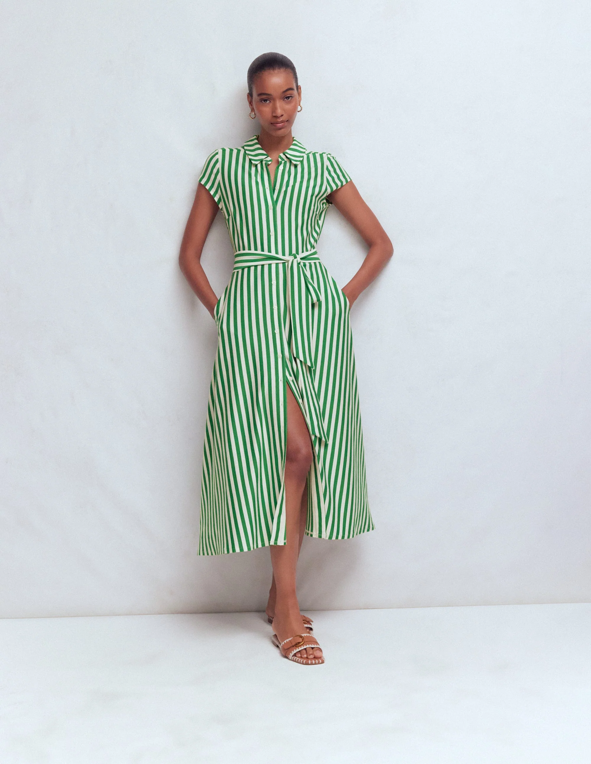 Marcia Jersey-Hemdblusenkleid-Grün und Naturweiß Streifen