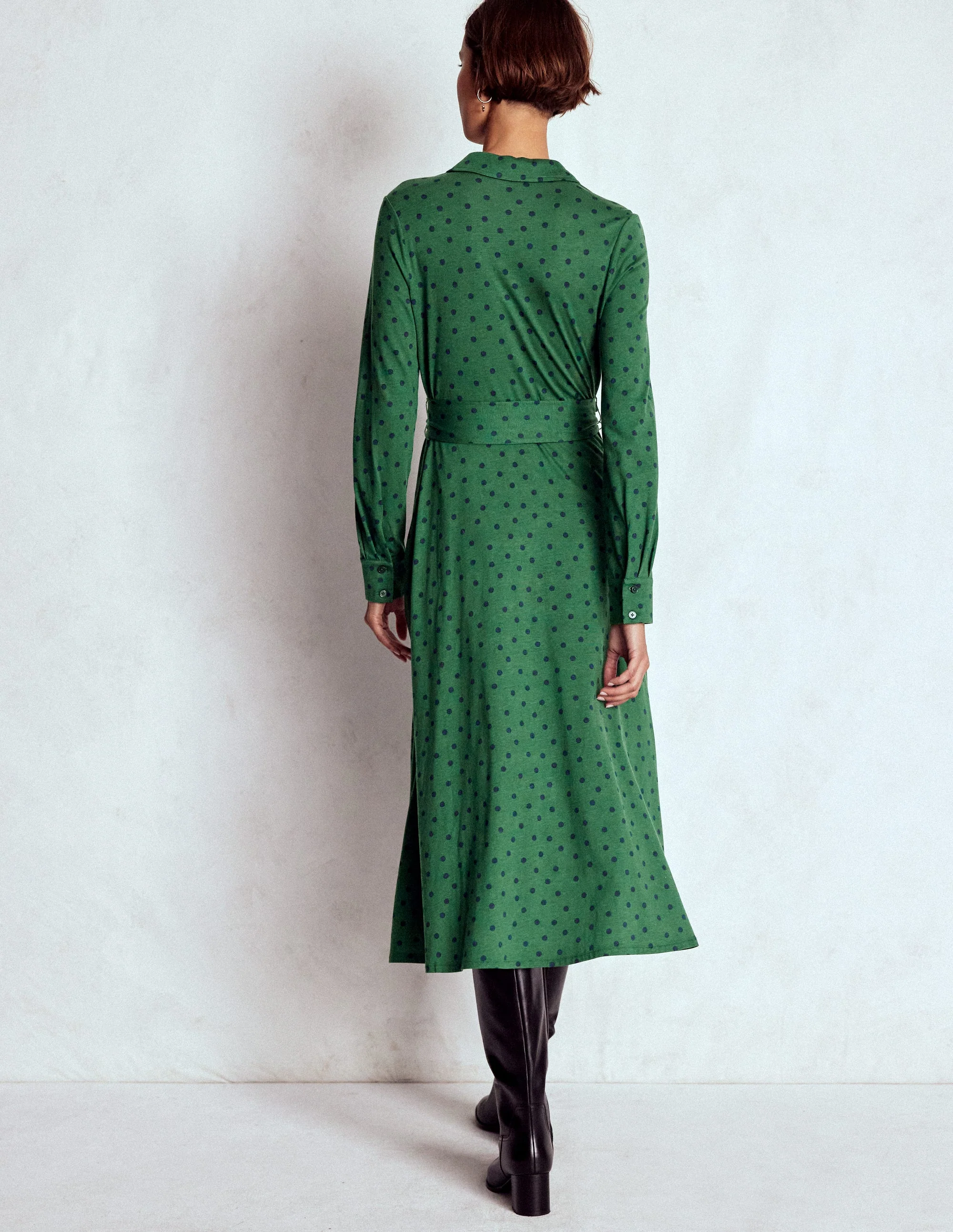 Marcia Jersey-Hemdblusenkleid-Jägergrün, Gemalte Tupfen - Image 4