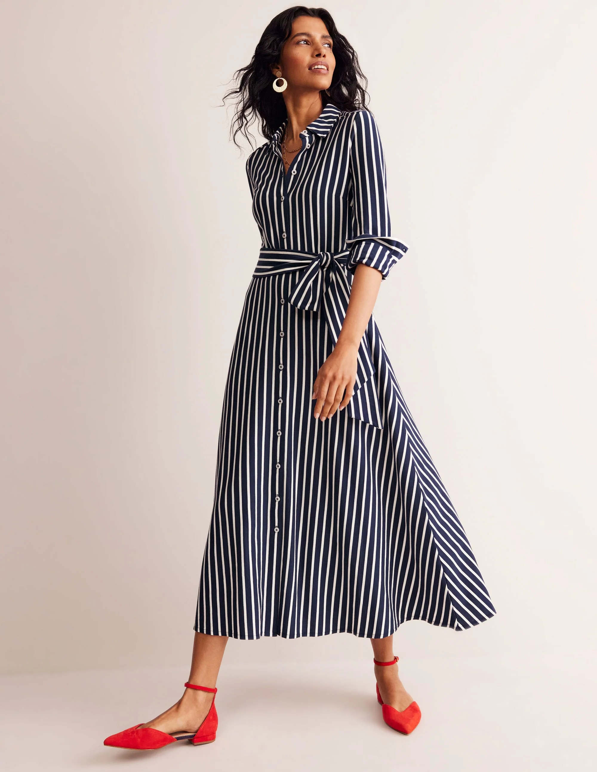 Marcia Jersey-Hemdblusenkleid-Marineblau, Naturweiß Gestreift