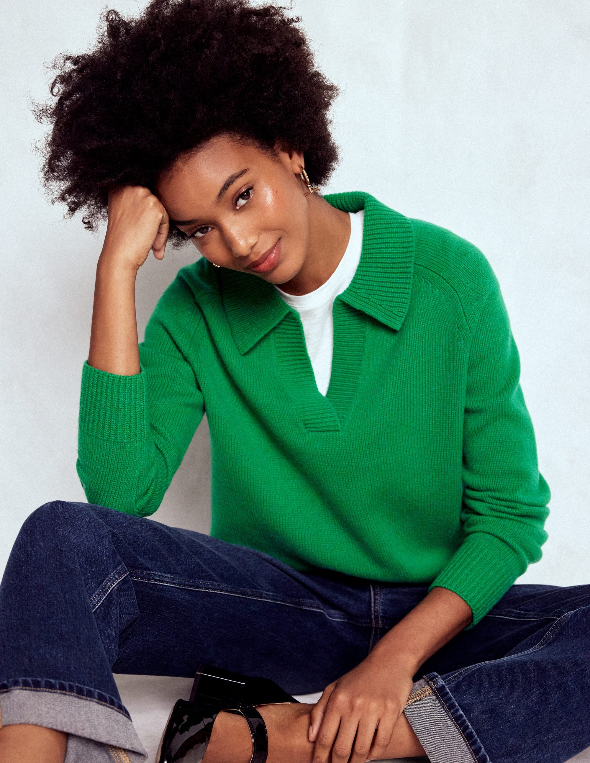 Marion Henley-Pullover aus Merinowolle-Grünes Tamburin